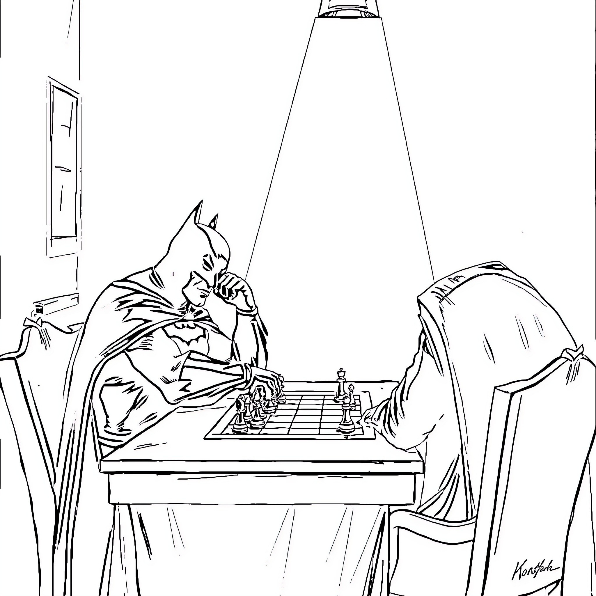 Batman plays chess in a dark room Coloring Page (free black-and-white line drawing printable PDF for all, from beginners to advanced learners, including children, teens, adults, and seniors)