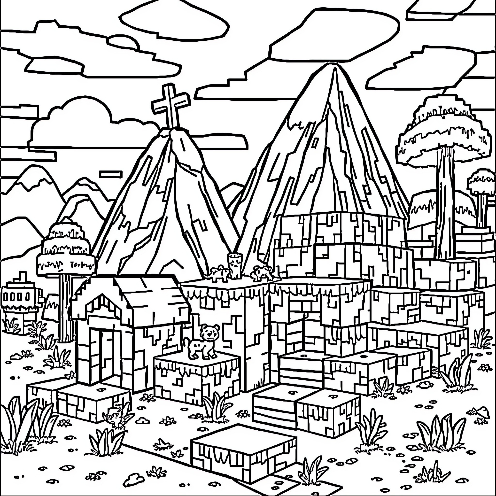 Minecraft Landscape with Mountains and Buildings Coloring Page (free black-and-white line drawing printable PDF for all, from beginners to advanced learners, including children, teens, adults, and seniors)