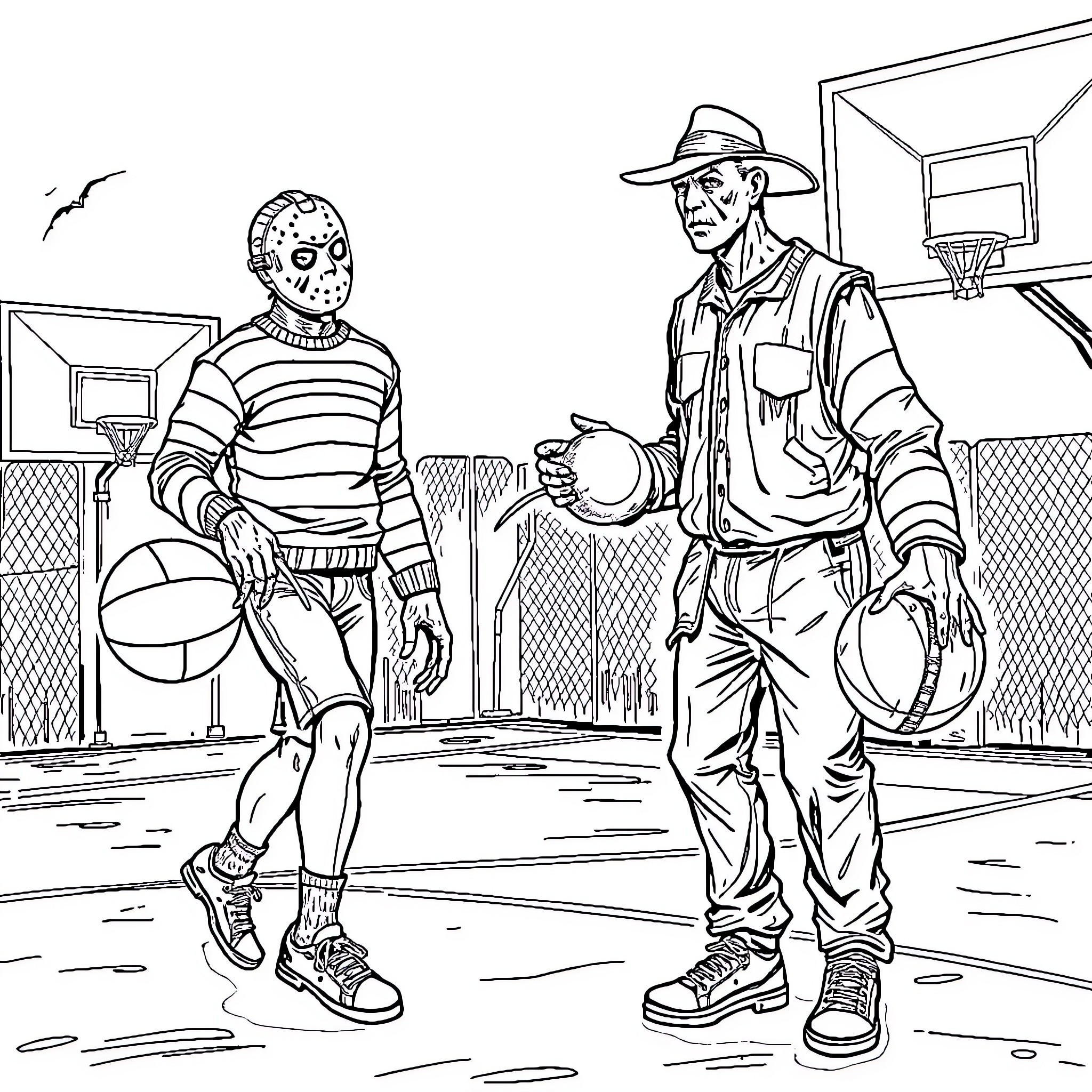 Freddy Krueger and Jason Voorhees Play Basketball Coloring Page (free black-and-white line drawing printable PDF for all, from beginners to advanced learners, including children, teens, adults, and seniors)