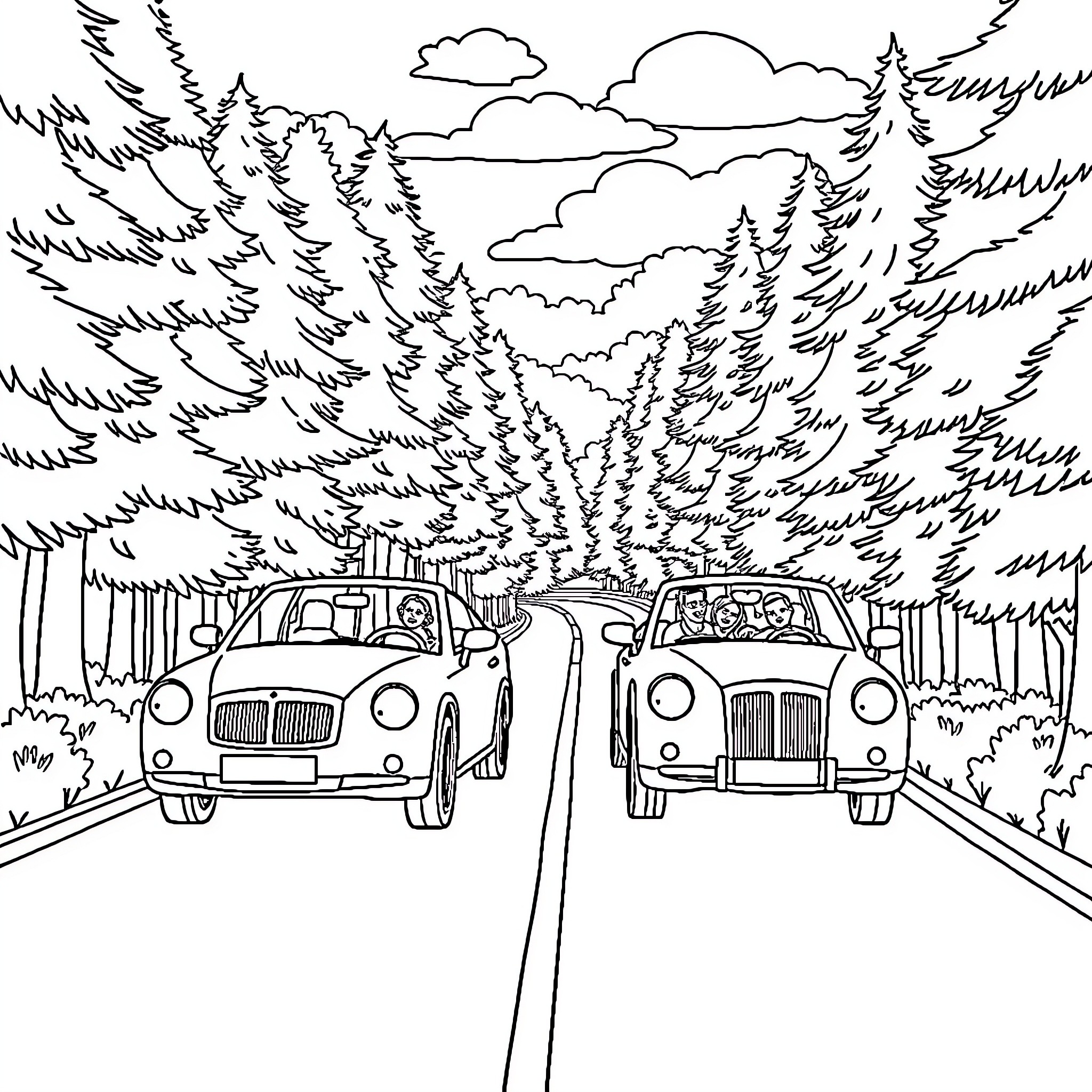 Cars driving through a forest road Coloring Page (free black-and-white line drawing printable PDF for all, from beginners to advanced learners, including children, teens, adults, and seniors)