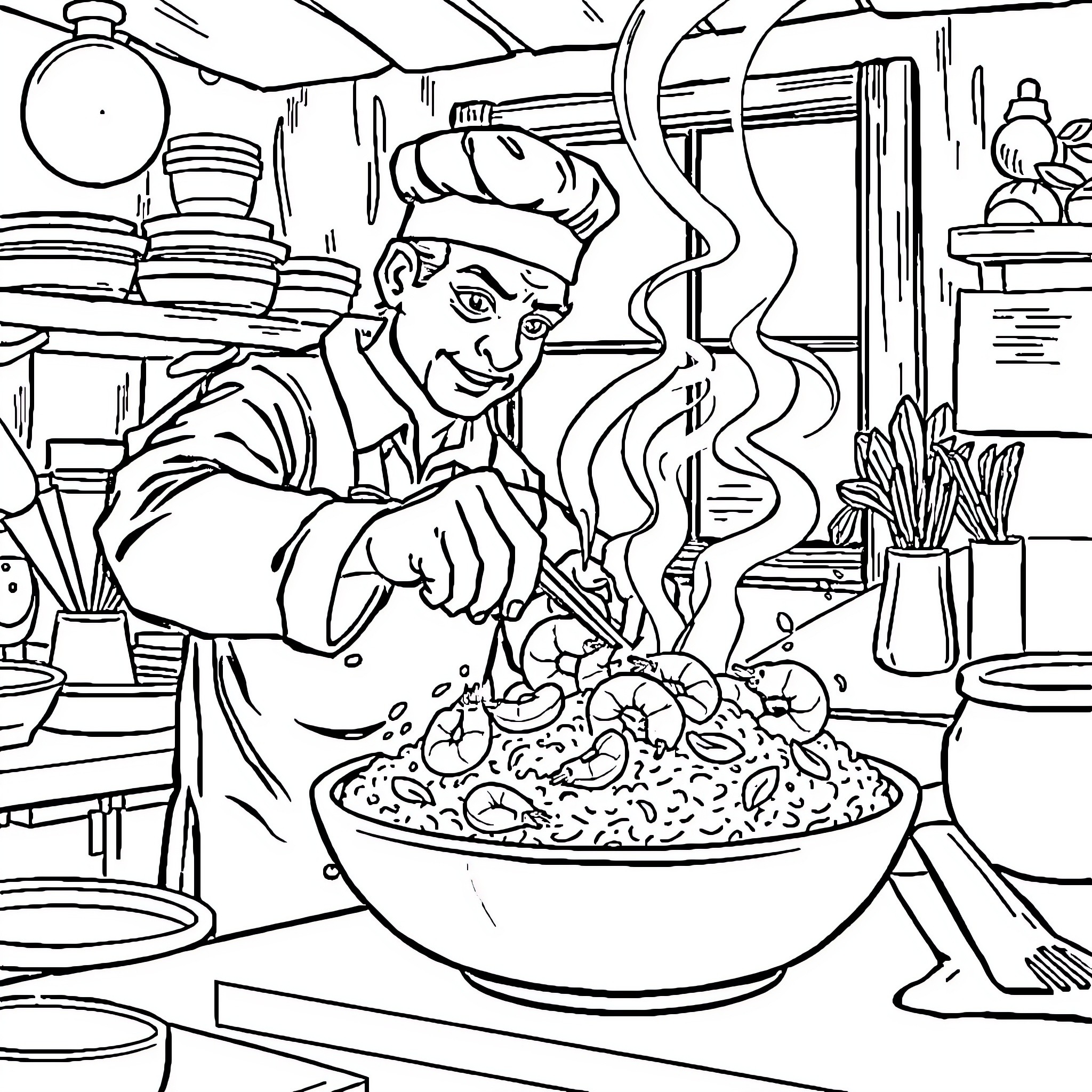 Shrimp Chef Cooking in a Busy Kitchen Coloring Page (free black-and-white line drawing printable PDF for all, from beginners to advanced learners, including children, teens, adults, and seniors)