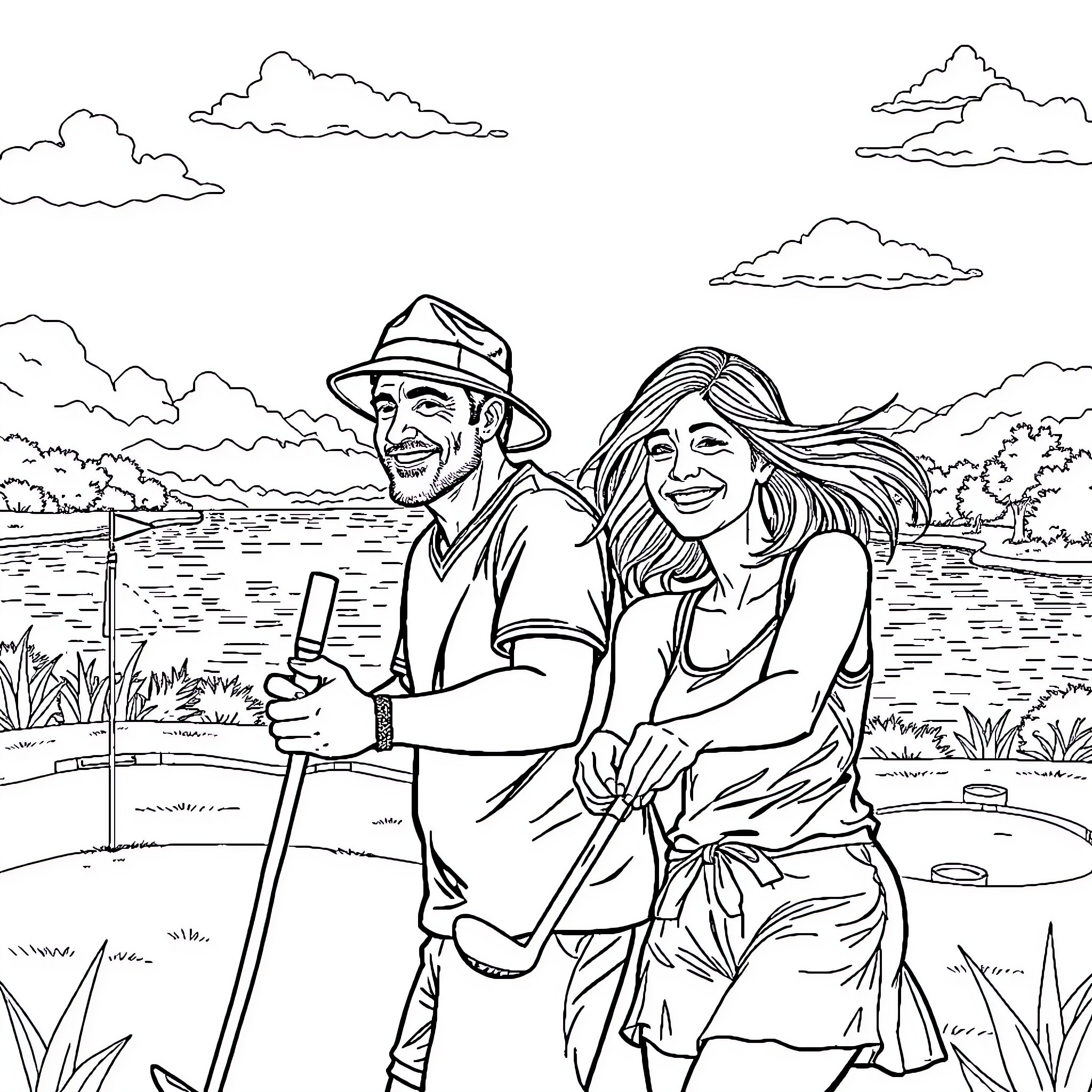 Mini Golf with Friendly Couple on the Course Coloring Page (free black-and-white line drawing printable PDF for all, from beginners to advanced learners, including children, teens, adults, and seniors)