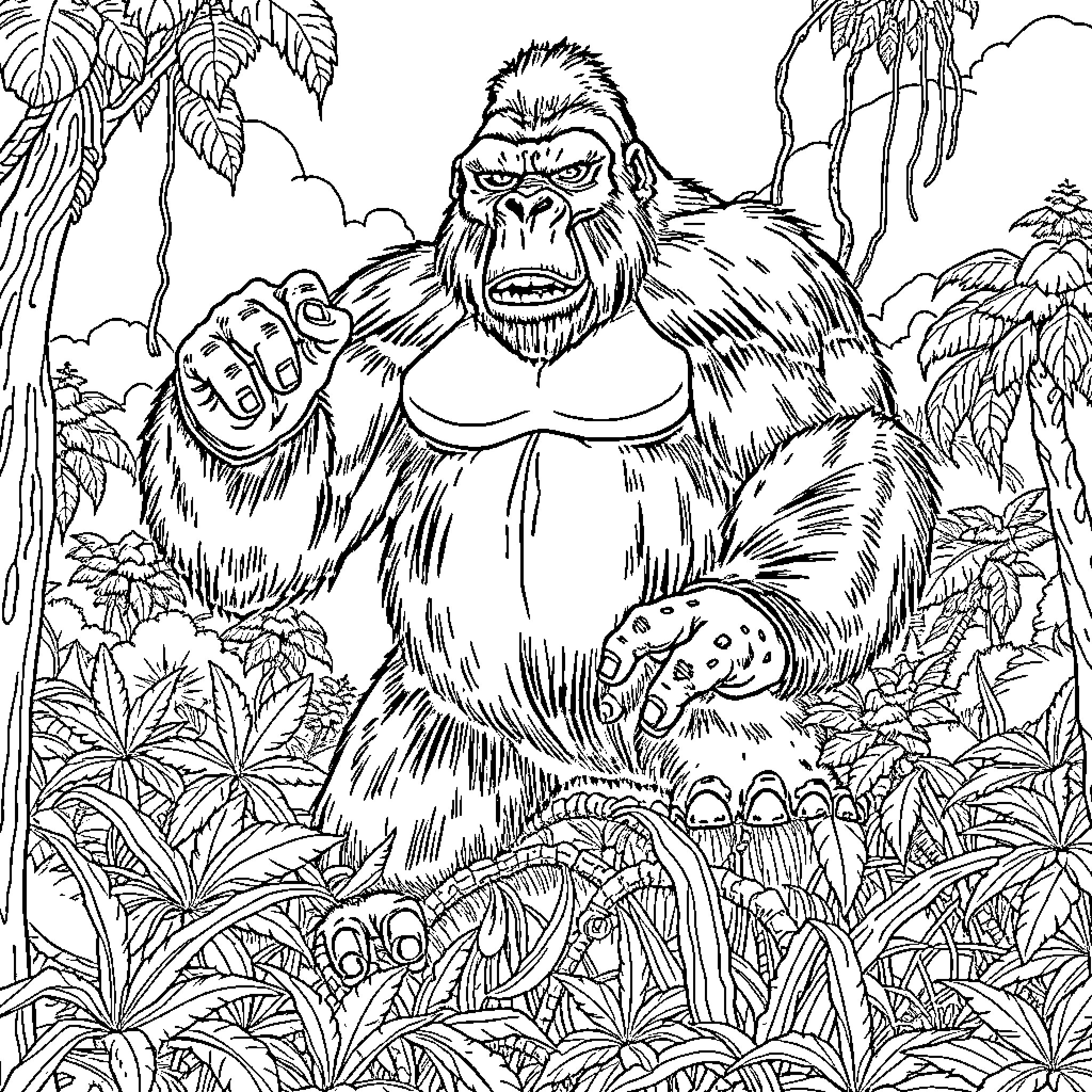 King Kong in the Jungle Wilderness Coloring Page (free black-and-white line drawing printable PDF for all, from beginners to advanced learners, including children, teens, adults, and seniors)