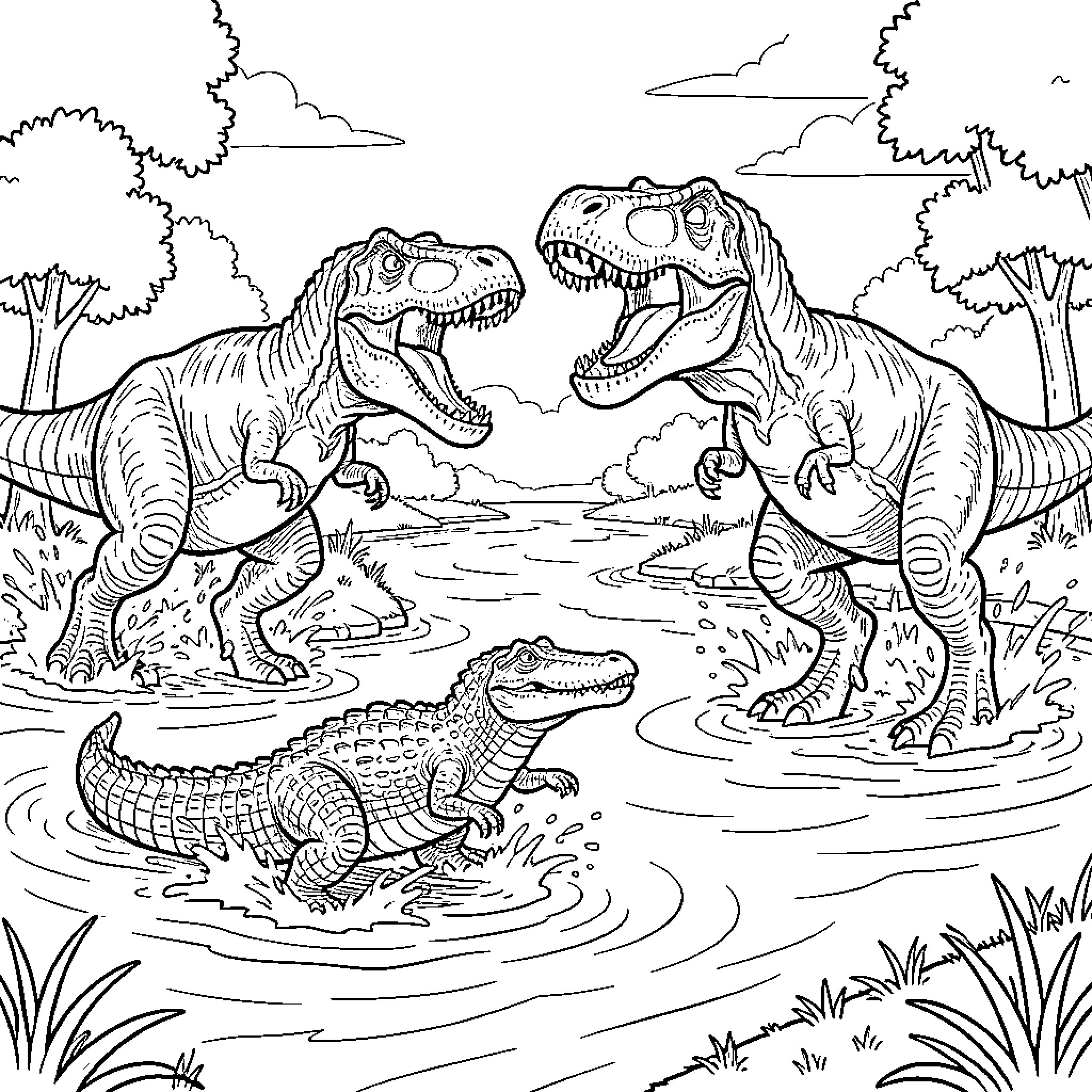 Alligator and Tyrannosaurus Rex in Prehistoric Landscape Coloring Page (free black-and-white line drawing printable PDF for all, from beginners to advanced learners, including children, teens, adults, and seniors)