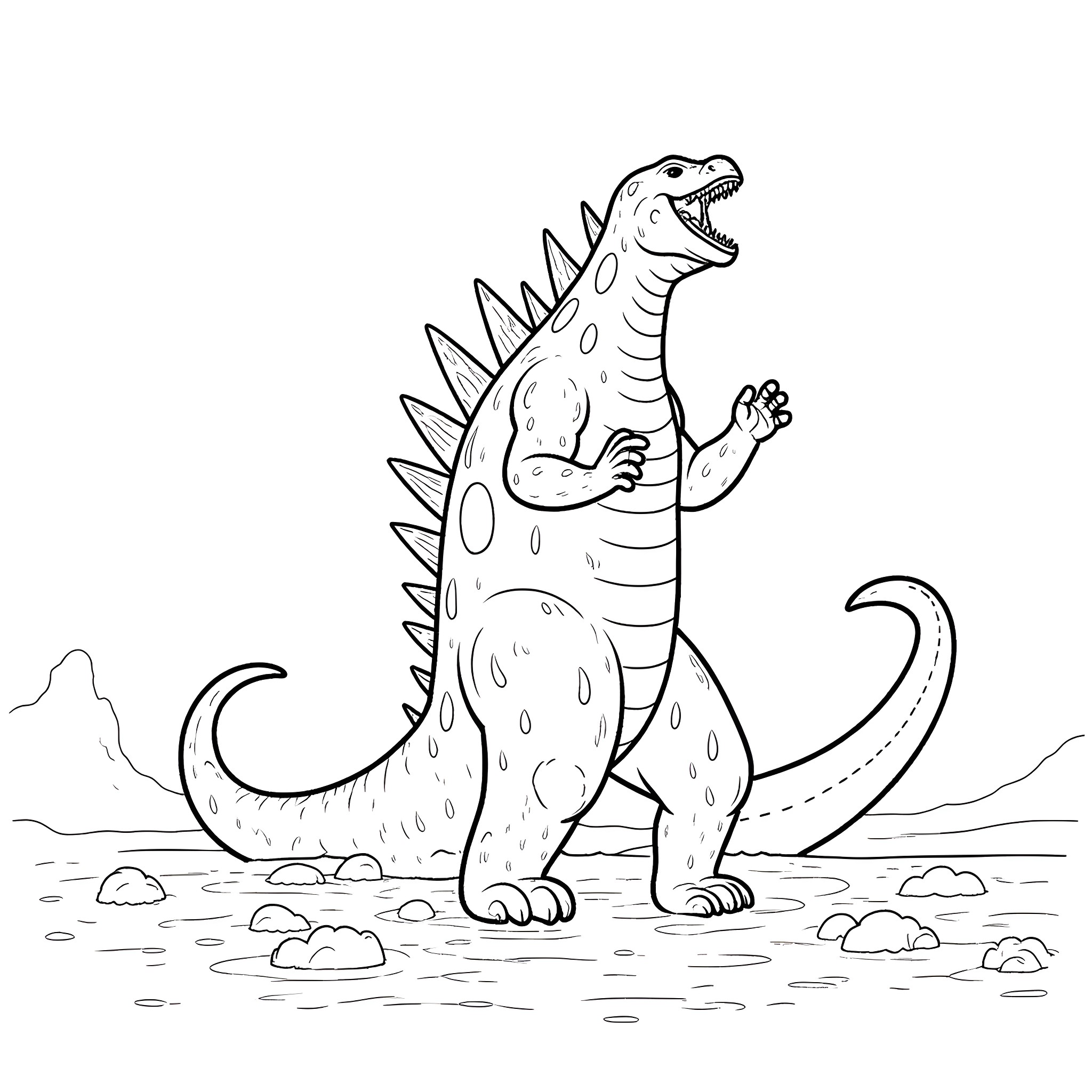 Godzilla roaring in a rocky landscape Coloring Page (free black-and-white line drawing printable PDF for all, from beginners to advanced learners, including children, teens, adults, and seniors)