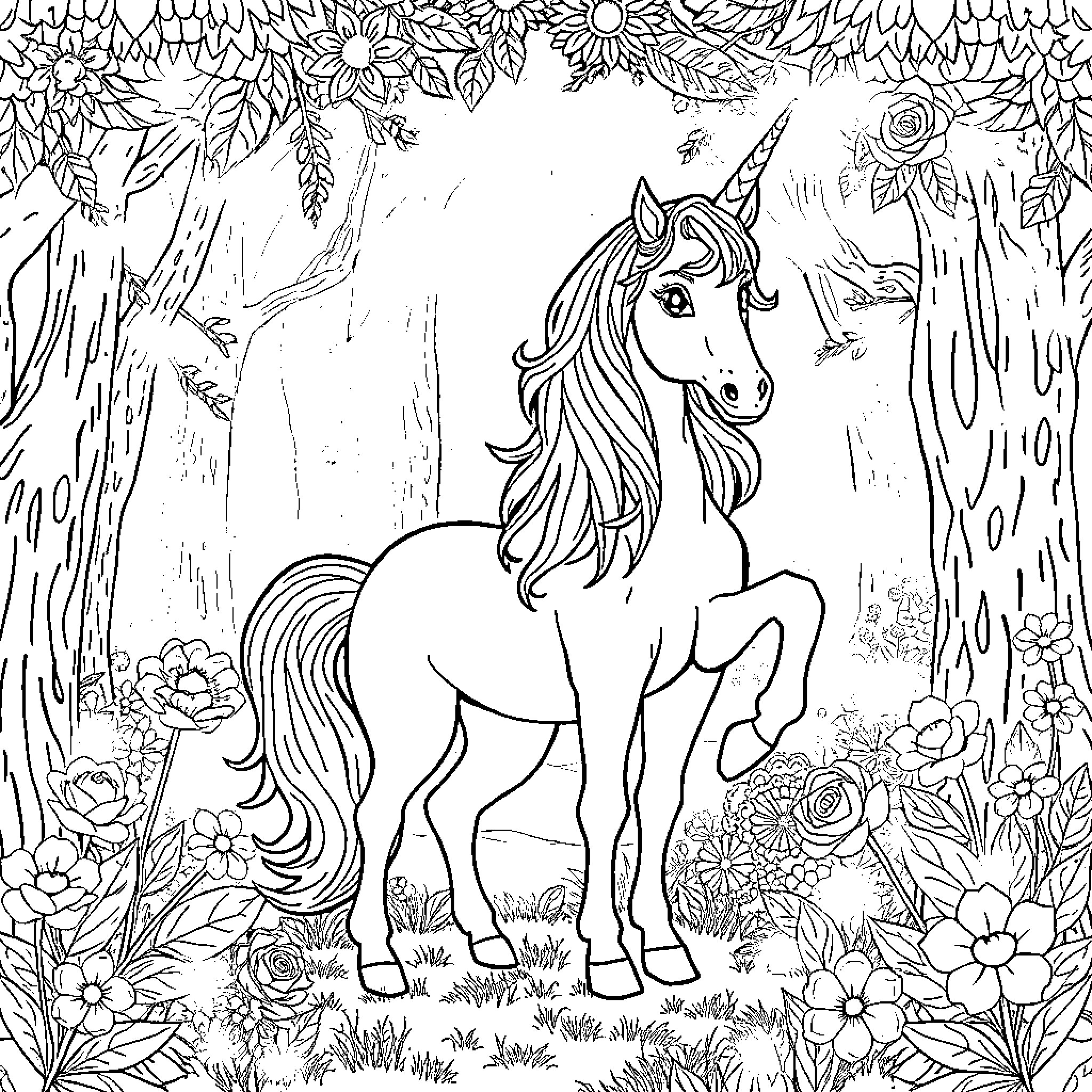 Unicorn standing among enchanted forest flowers Coloring Page (free black-and-white line drawing printable PDF for all, from beginners to advanced learners, including children, teens, adults, and seniors)
