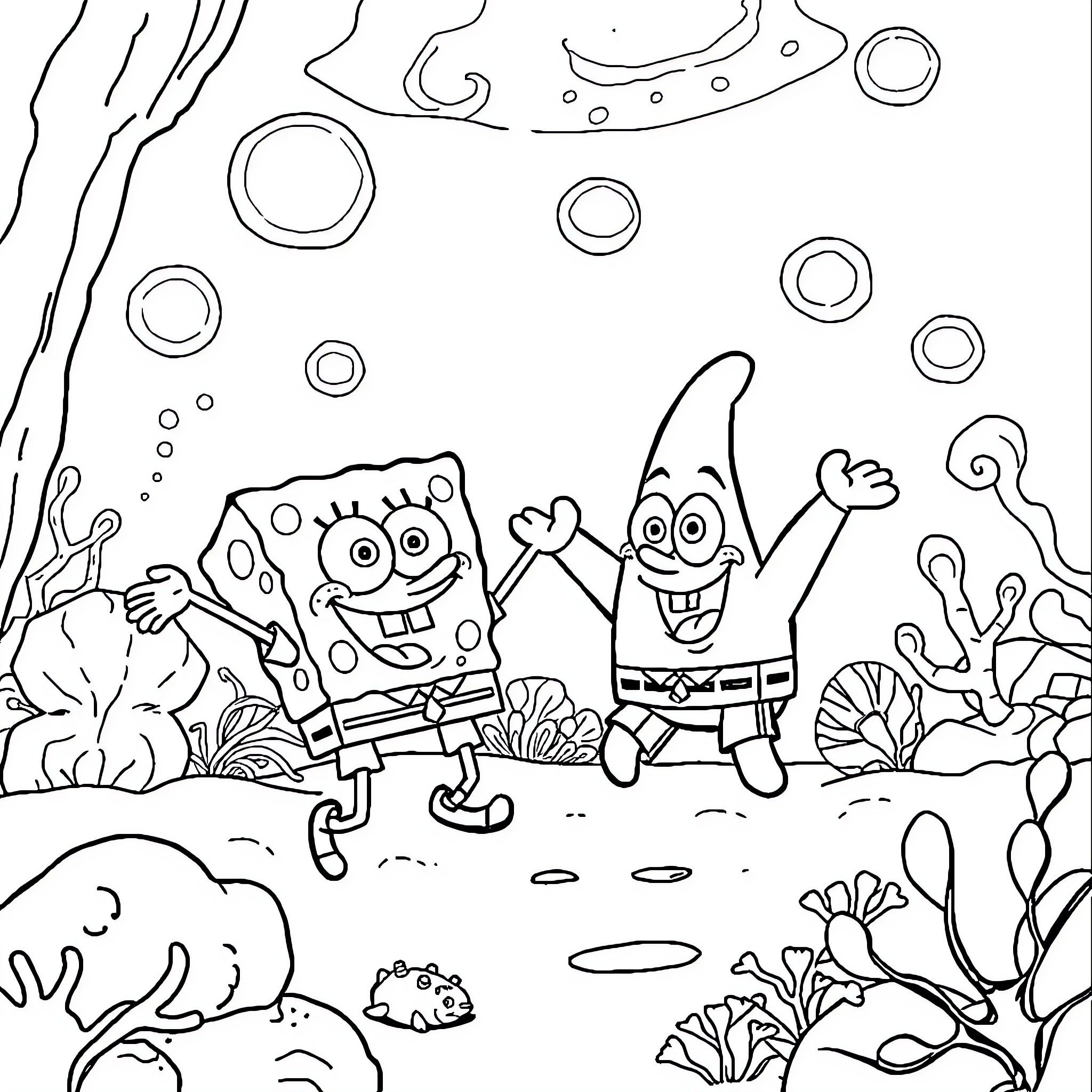 Spongebob and Patrick's Underwater Adventure Coloring Page (free black-and-white line drawing printable PDF for all, from beginners to advanced learners, including children, teens, adults, and seniors)