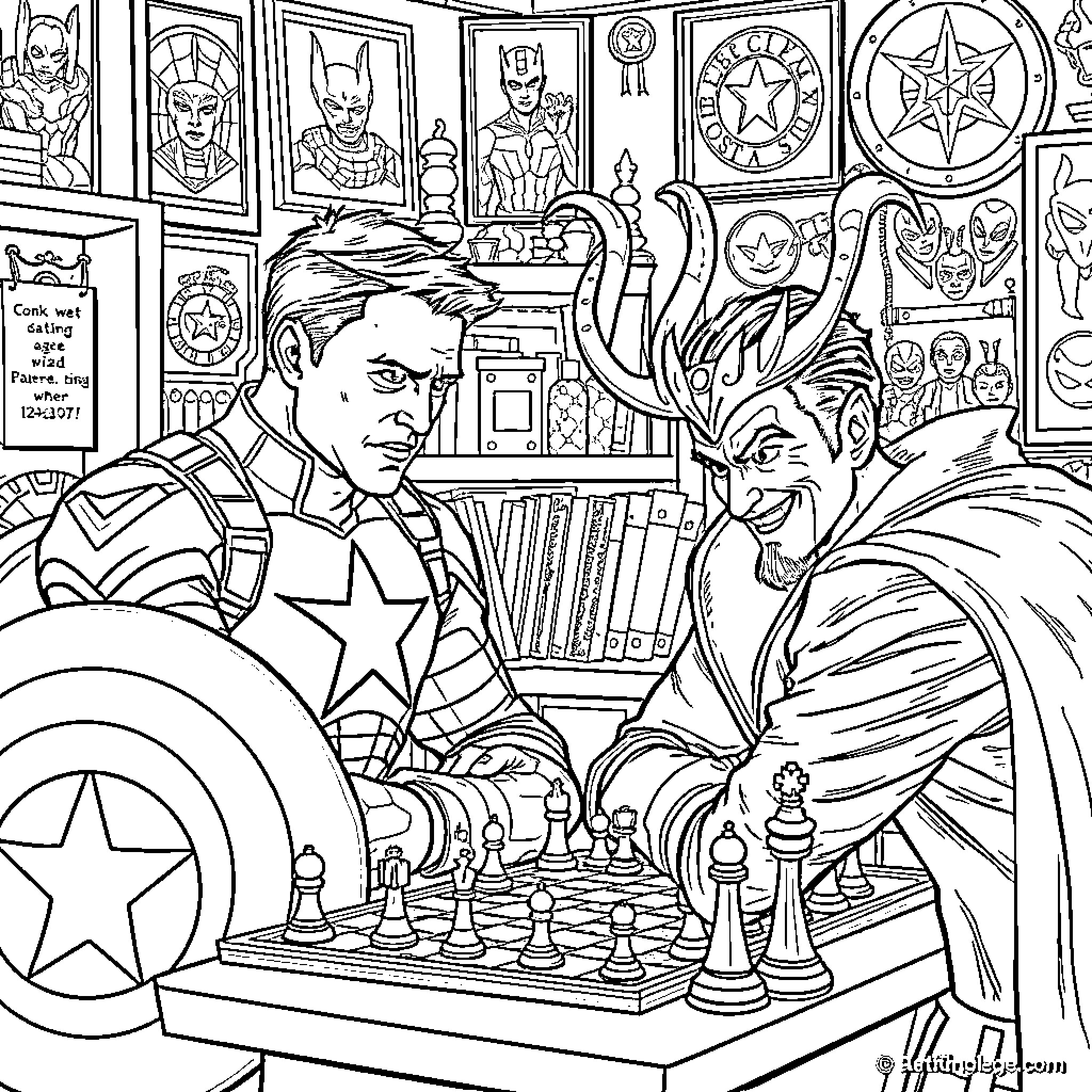 Captain America Playing Chess with Loki Coloring Page (free black-and-white line drawing printable PDF for all, from beginners to advanced learners, including children, teens, adults, and seniors)