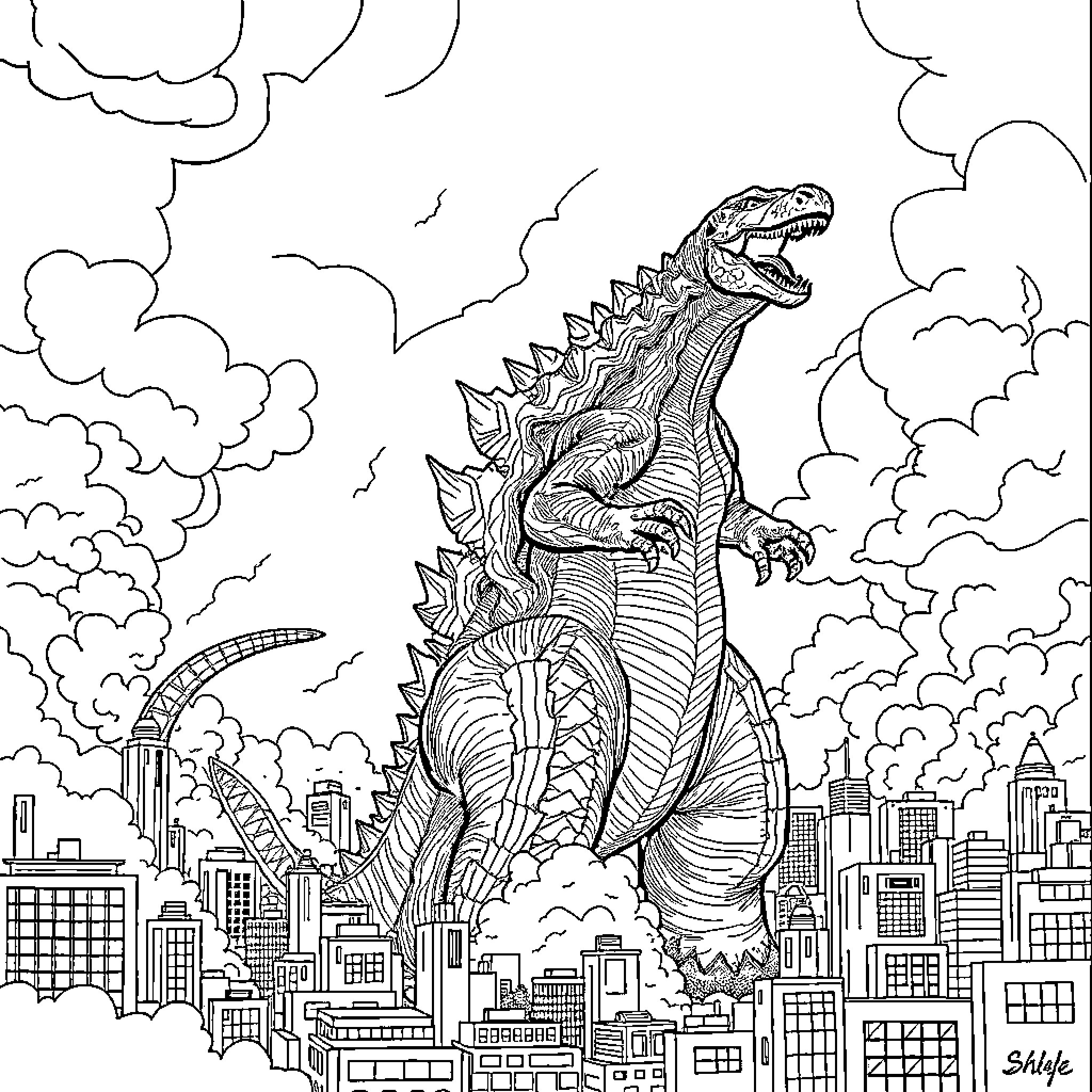 Godzilla rampaging through the city Coloring Page (free black-and-white line drawing printable PDF for all, from beginners to advanced learners, including children, teens, adults, and seniors)