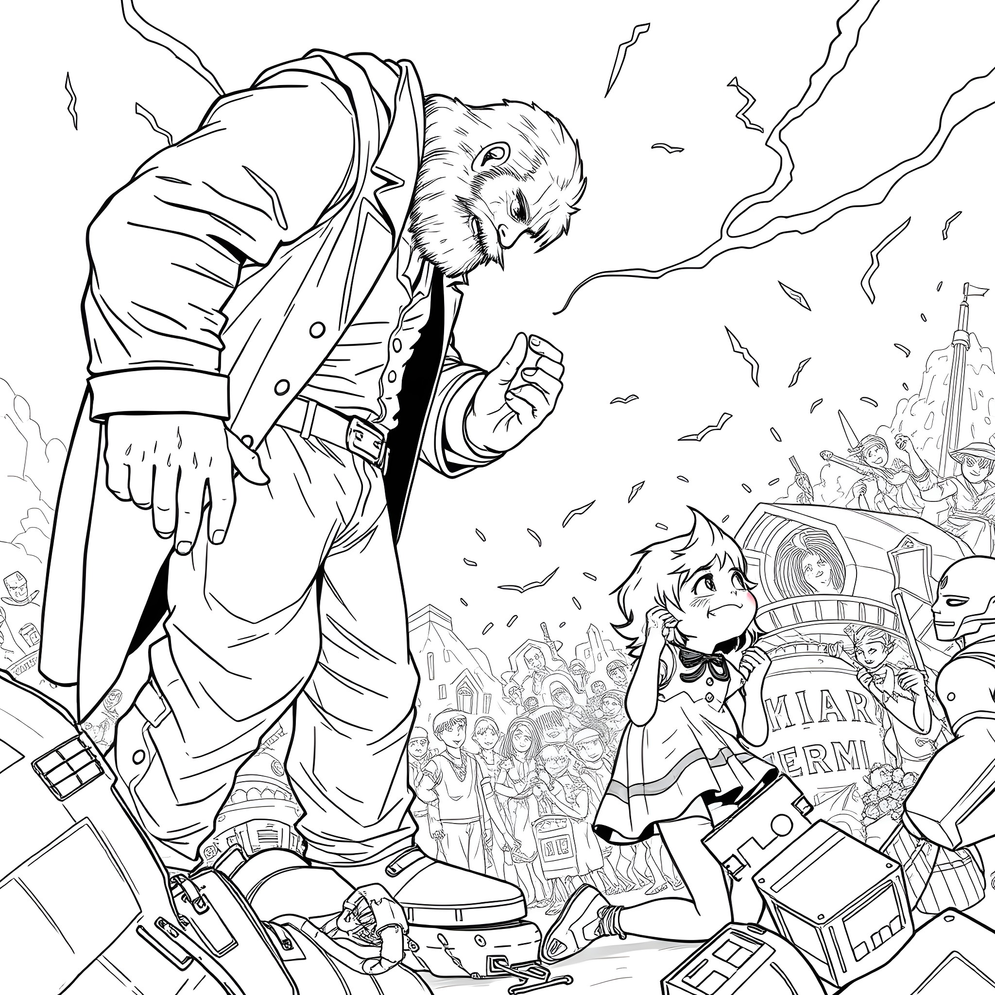 Girl in confrontation with aggressive figure amidst chaotic scene Coloring Page (free black-and-white line drawing printable PDF for all, from beginners to advanced learners, including children, teens, adults, and seniors)