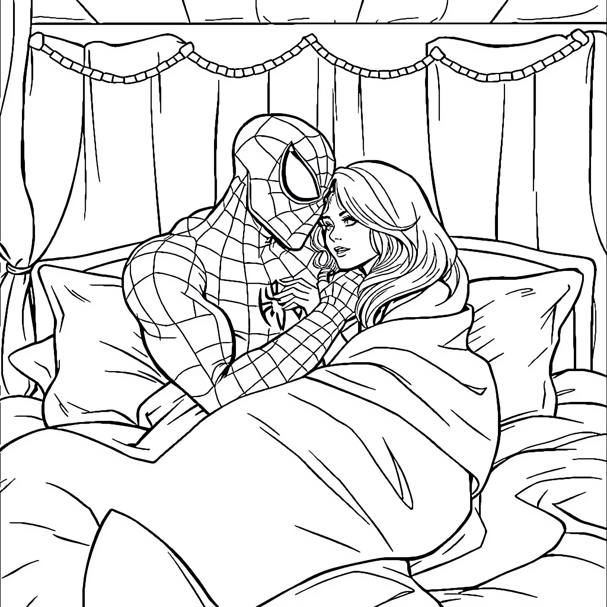 Spiderman comforts a sick woman in bed Coloring Page (free black-and-white line drawing printable PDF for all, from beginners to advanced learners, including children, teens, adults, and seniors)