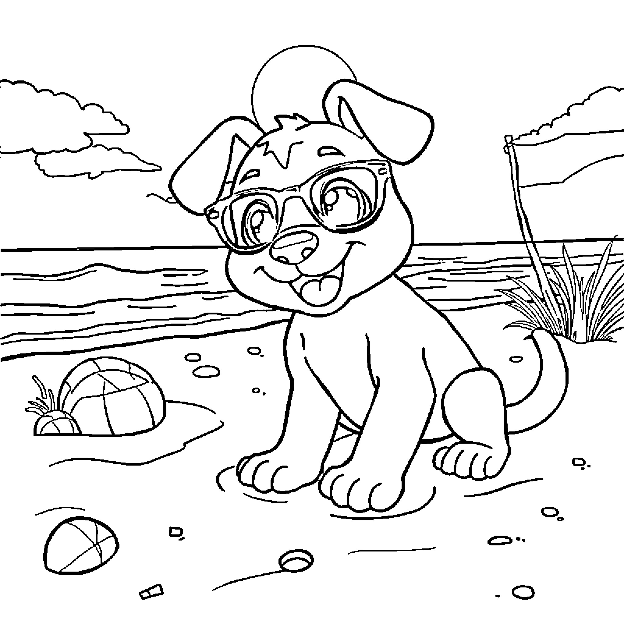 Bluey playing at the beach with toys Coloring Page (free black-and-white line drawing printable PDF for all, from beginners to advanced learners, including children, teens, adults, and seniors)