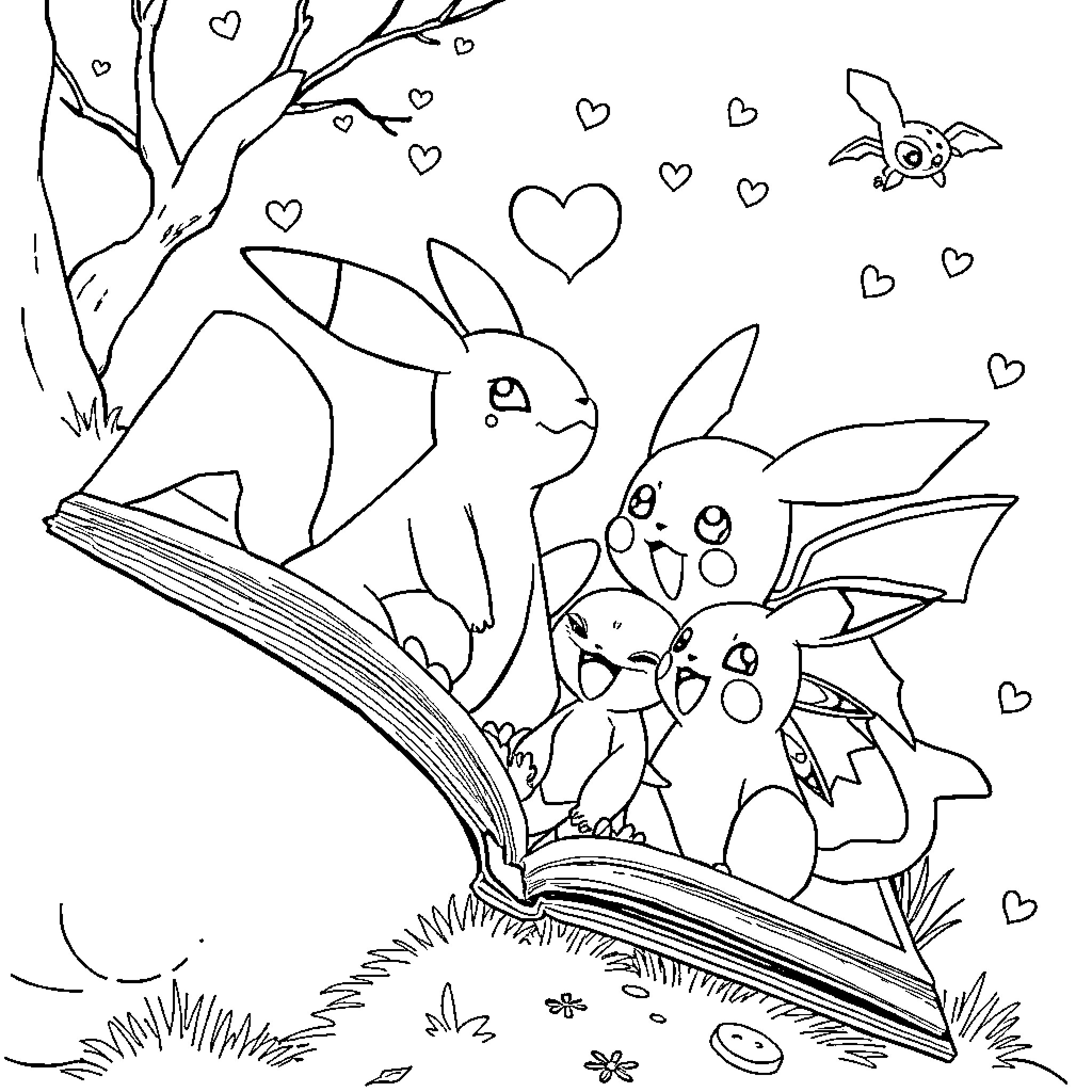 Pokémon characters in a playful scene Coloring Page (free black-and-white line drawing printable PDF for all, from beginners to advanced learners, including children, teens, adults, and seniors)