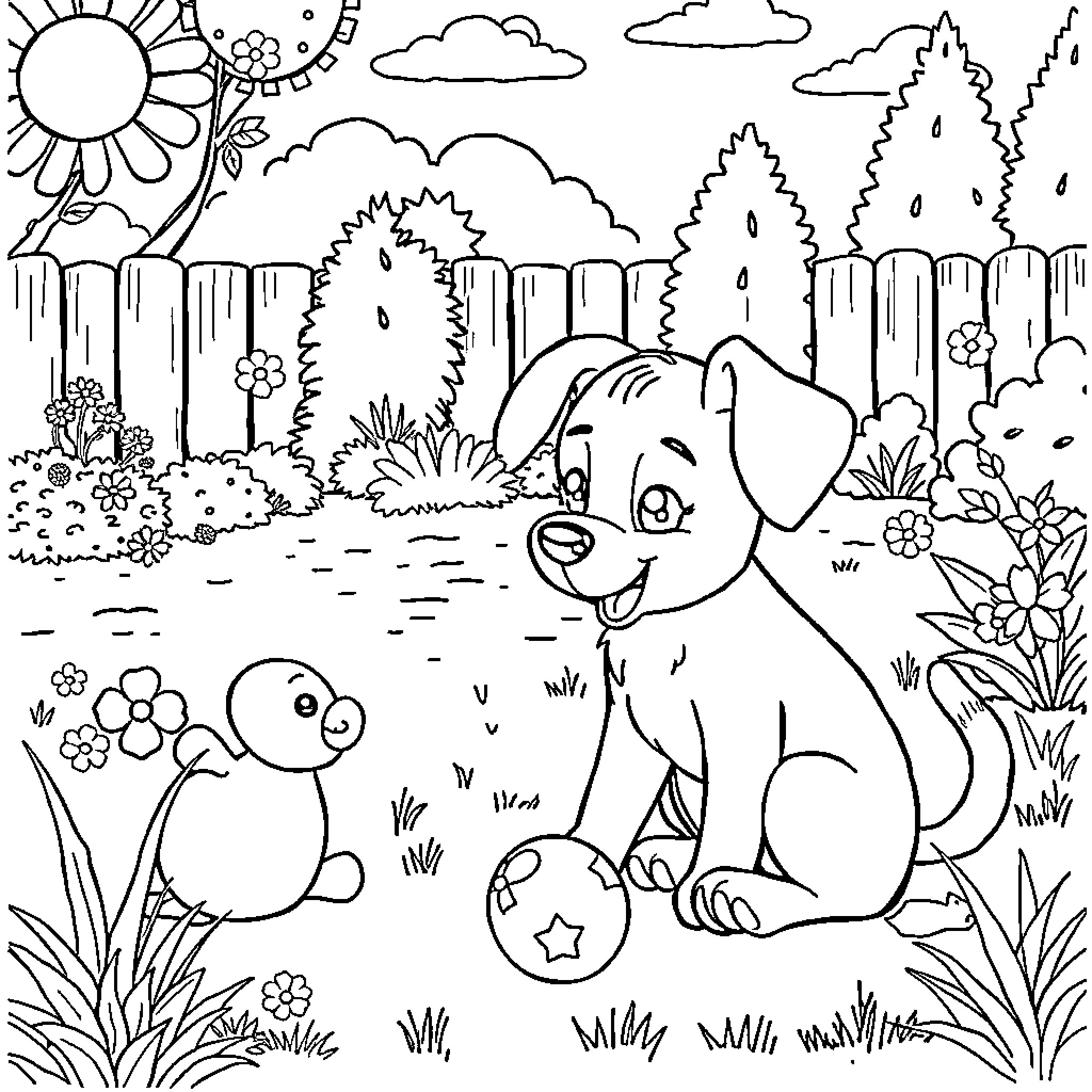 Bluey playing in a colorful outdoor scene Coloring Page (free black-and-white line drawing printable PDF for all, from beginners to advanced learners, including children, teens, adults, and seniors)
