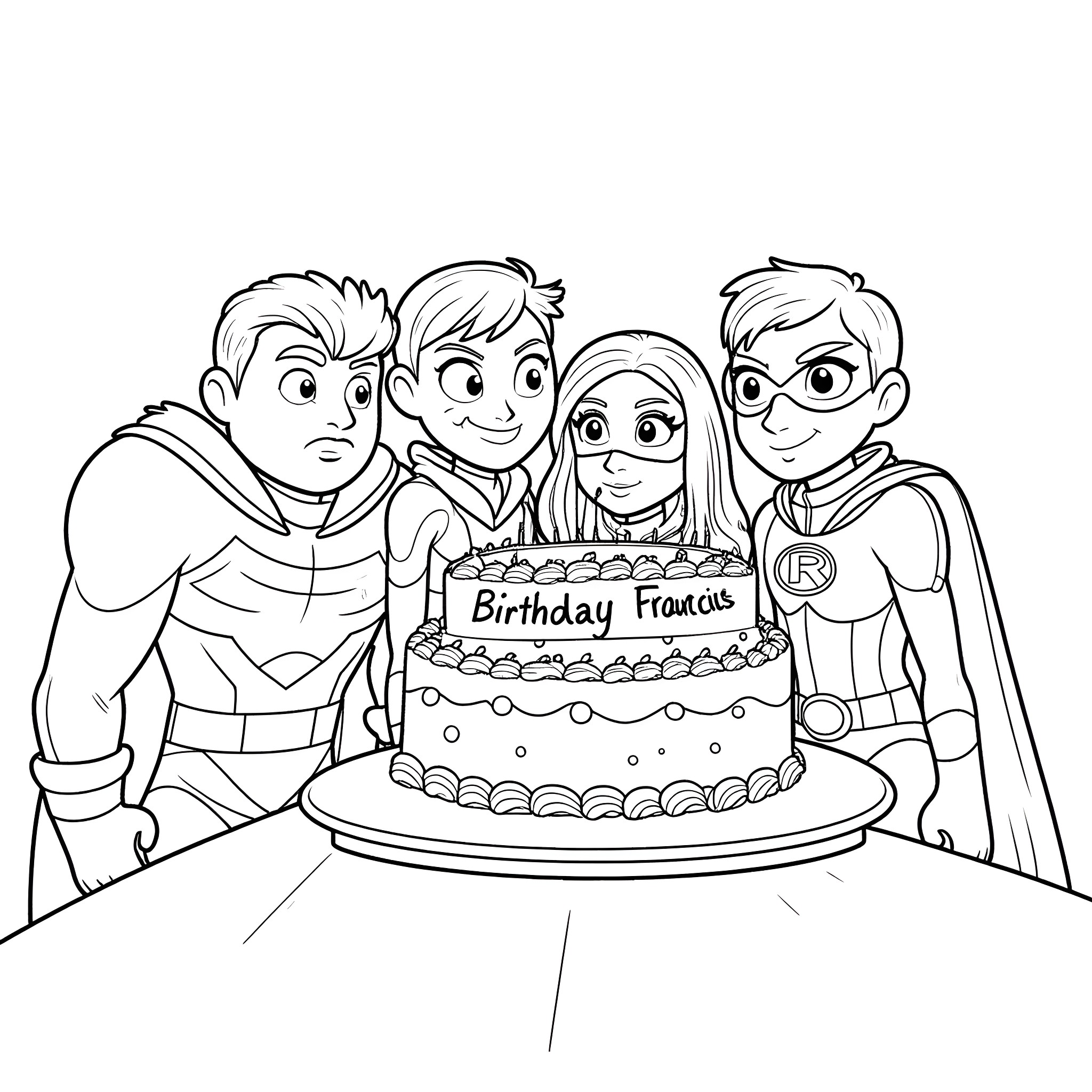 Teen Titans celebrate a birthday party Coloring Page (free black-and-white line drawing printable PDF for all, from beginners to advanced learners, including children, teens, adults, and seniors)