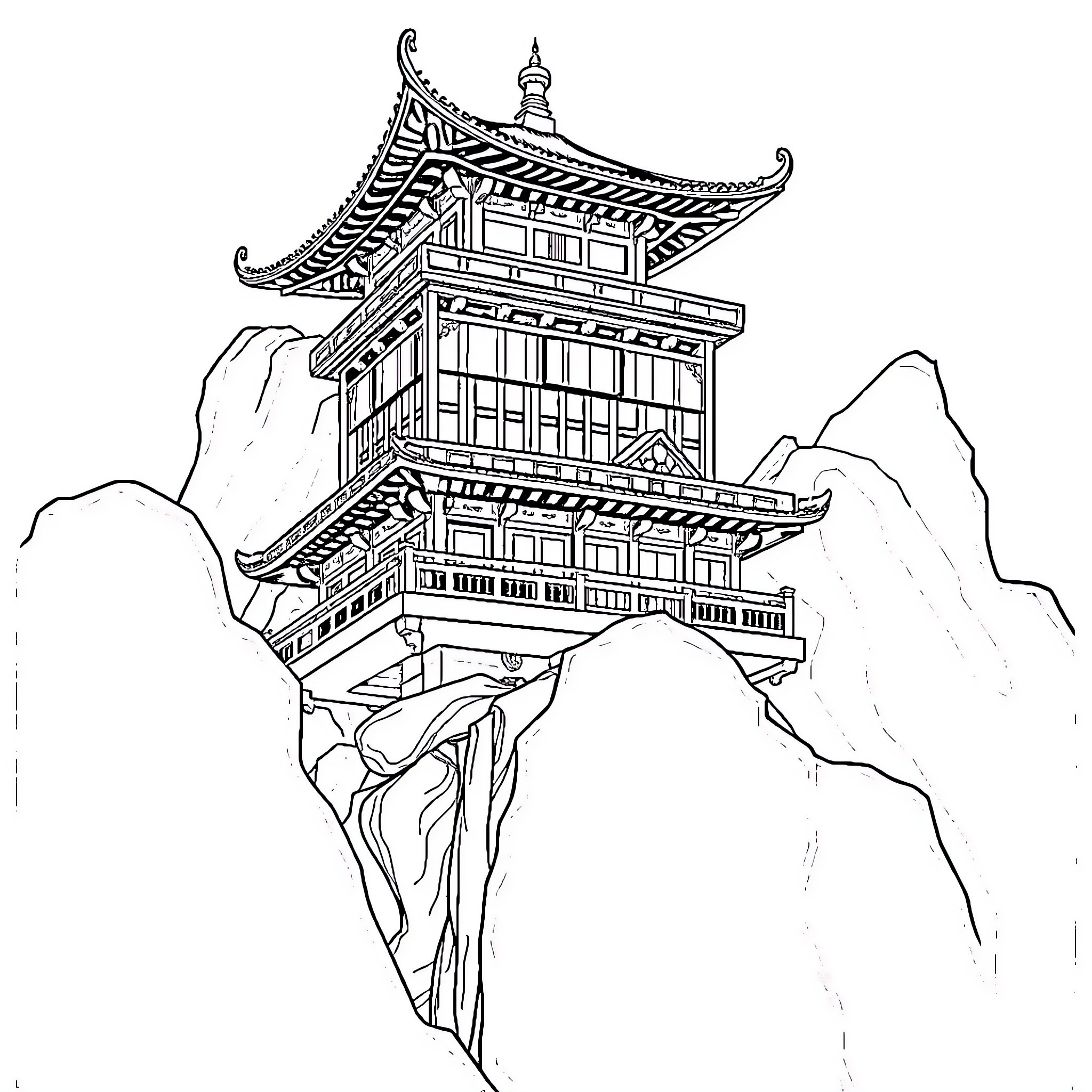 Mickey's Pagoda Adventure Coloring Page (free black-and-white line drawing printable PDF for all, from beginners to advanced learners, including children, teens, adults, and seniors)