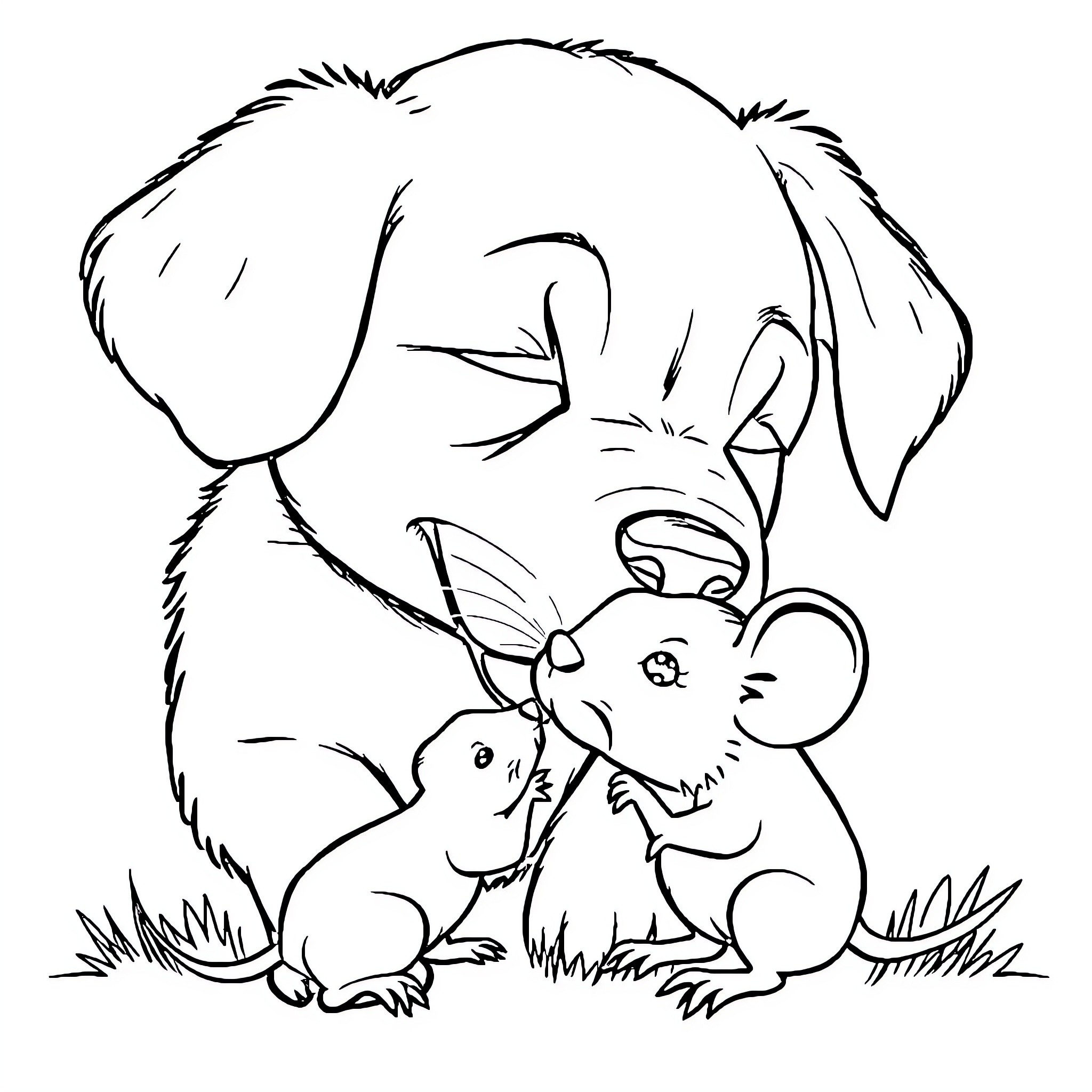 Dog playing with mouse Coloring Page (free black-and-white line drawing printable PDF for all, from beginners to advanced learners, including children, teens, adults, and seniors)