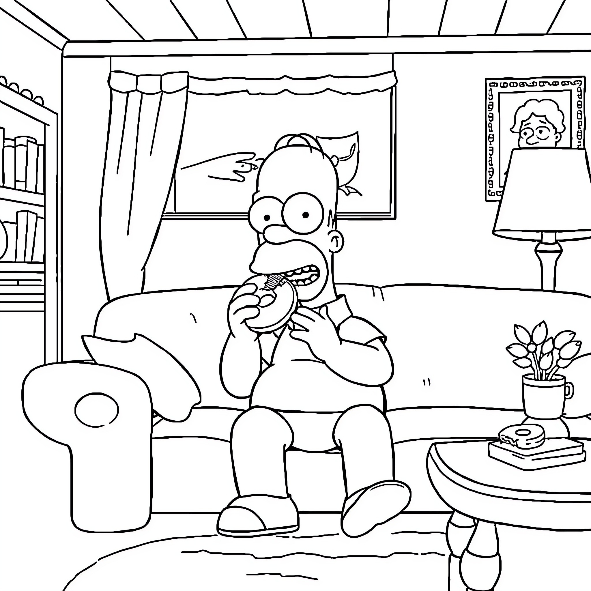 Simpson relaxing in cozy living room Coloring Page (free black-and-white line drawing printable PDF for all, from beginners to advanced learners, including children, teens, adults, and seniors)