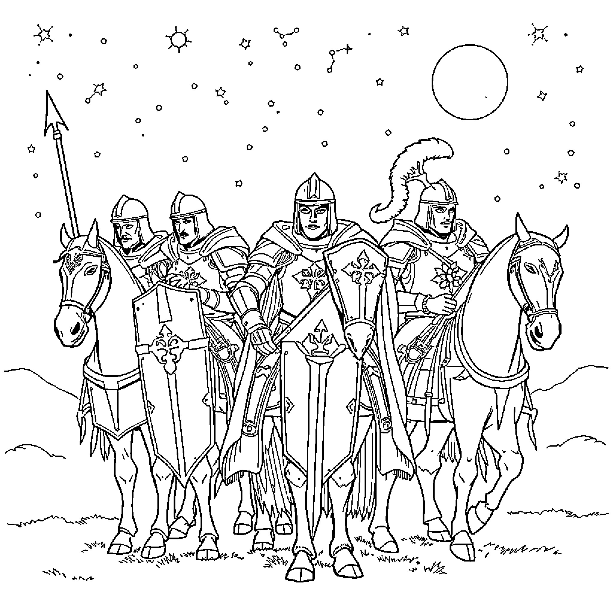 Zodiac Knights on a Starry Night Expedition Coloring Page (free black-and-white line drawing printable PDF for all, from beginners to advanced learners, including children, teens, adults, and seniors)
