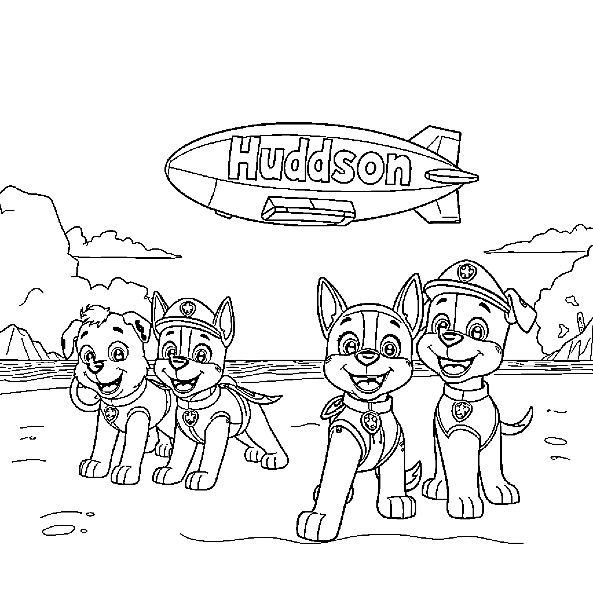 Paw Patrol pups explore with the Hudson zeppelin Coloring Page (free black-and-white line drawing printable PDF for all, from beginners to advanced learners, including children, teens, adults, and seniors)