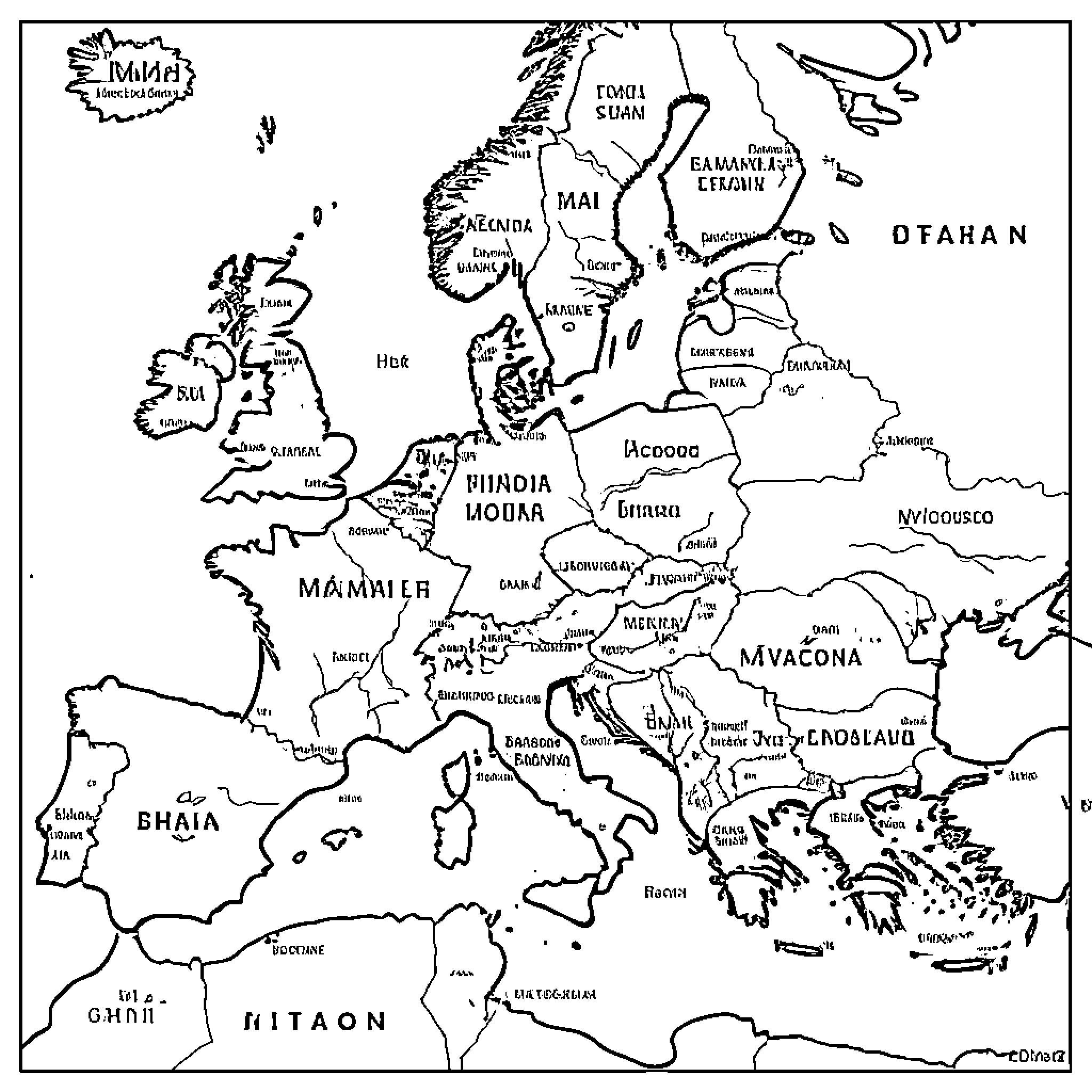 Europe map with geographical regions and names Coloring Page (free black-and-white line drawing printable PDF for all, from beginners to advanced learners, including children, teens, adults, and seniors)