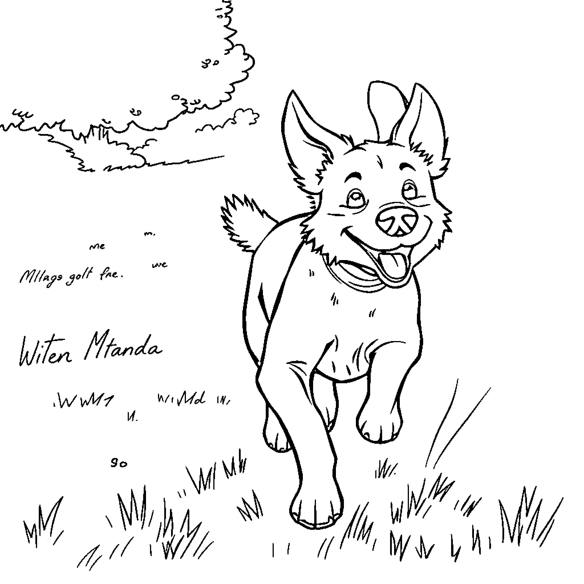 Dog happily running in the field Coloring Page (free black-and-white line drawing printable PDF for all, from beginners to advanced learners, including children, teens, adults, and seniors)