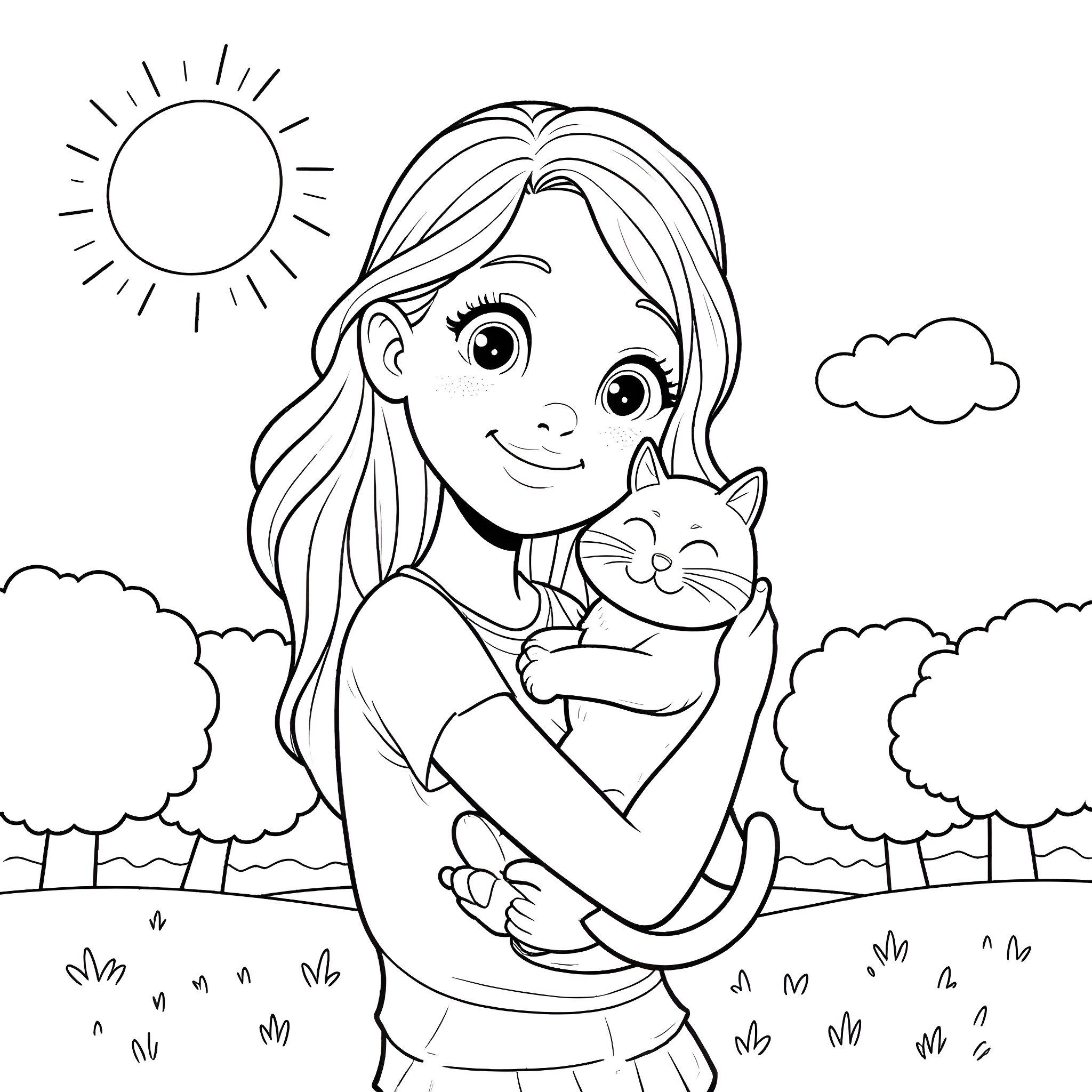 Girl hugging a cat in the park Coloring Page (free black-and-white line drawing printable PDF for all, from beginners to advanced learners, including children, teens, adults, and seniors)