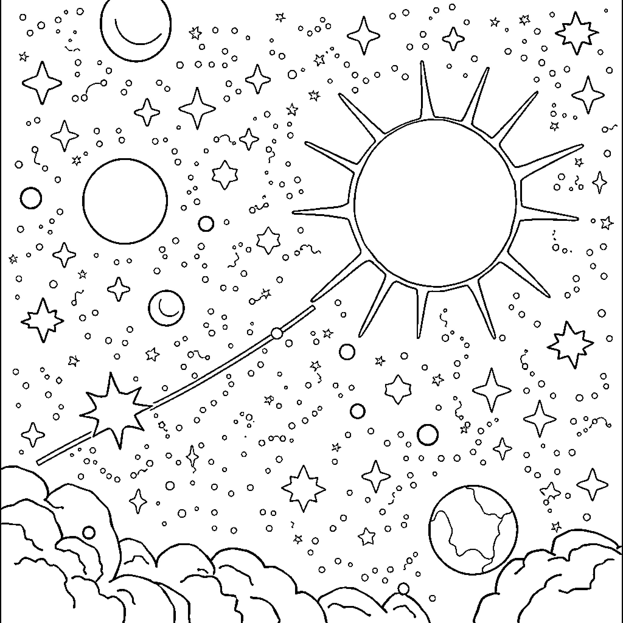God's Celestial Wonders: Stars, Sun, and Celestial Orbs Coloring Page (free black-and-white line drawing printable PDF for all, from beginners to advanced learners, including children, teens, adults, and seniors)
