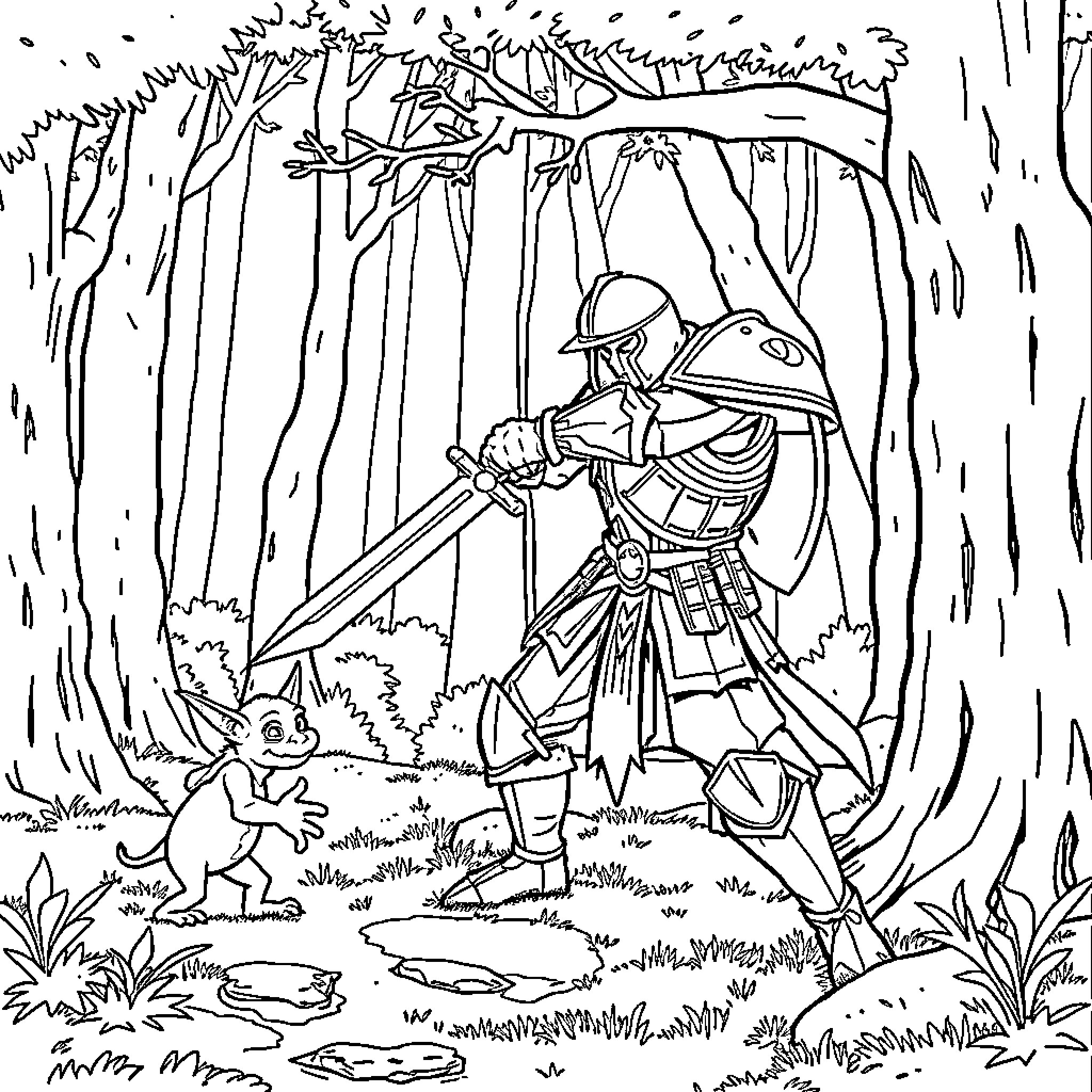 Character discovering forest creature in woodland setting Coloring Page (free black-and-white line drawing printable PDF for all, from beginners to advanced learners, including children, teens, adults, and seniors)