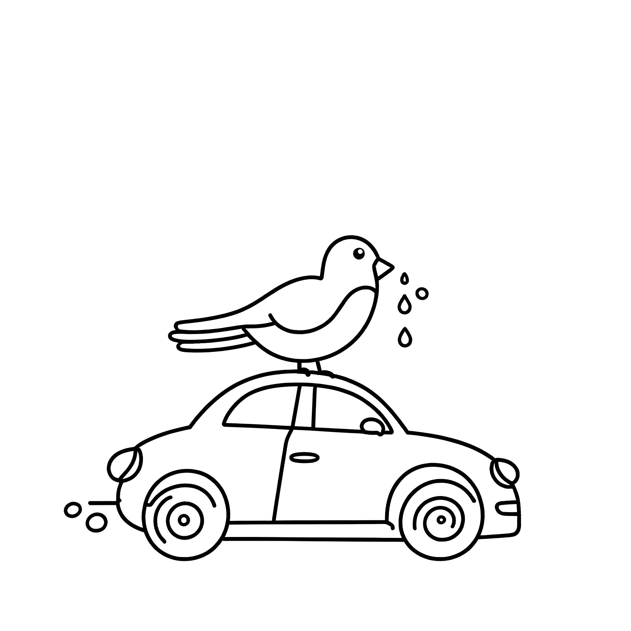 Bird sitting on top of car Coloring Page (free black-and-white line drawing printable PDF for all, from beginners to advanced learners, including children, teens, adults, and seniors)