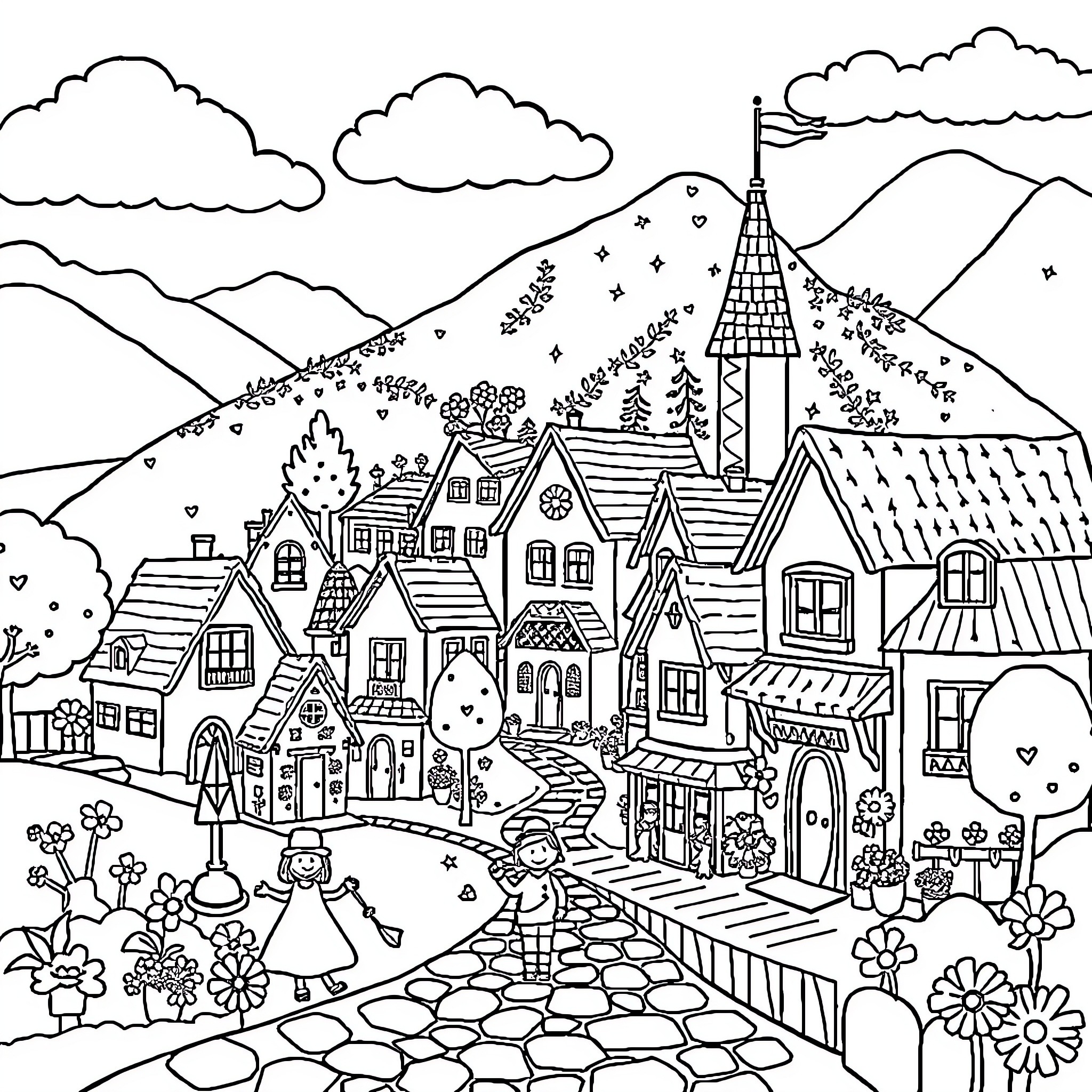 Doromi's Whimsical Village Stroll Coloring Page (free black-and-white line drawing printable PDF for all, from beginners to advanced learners, including children, teens, adults, and seniors)