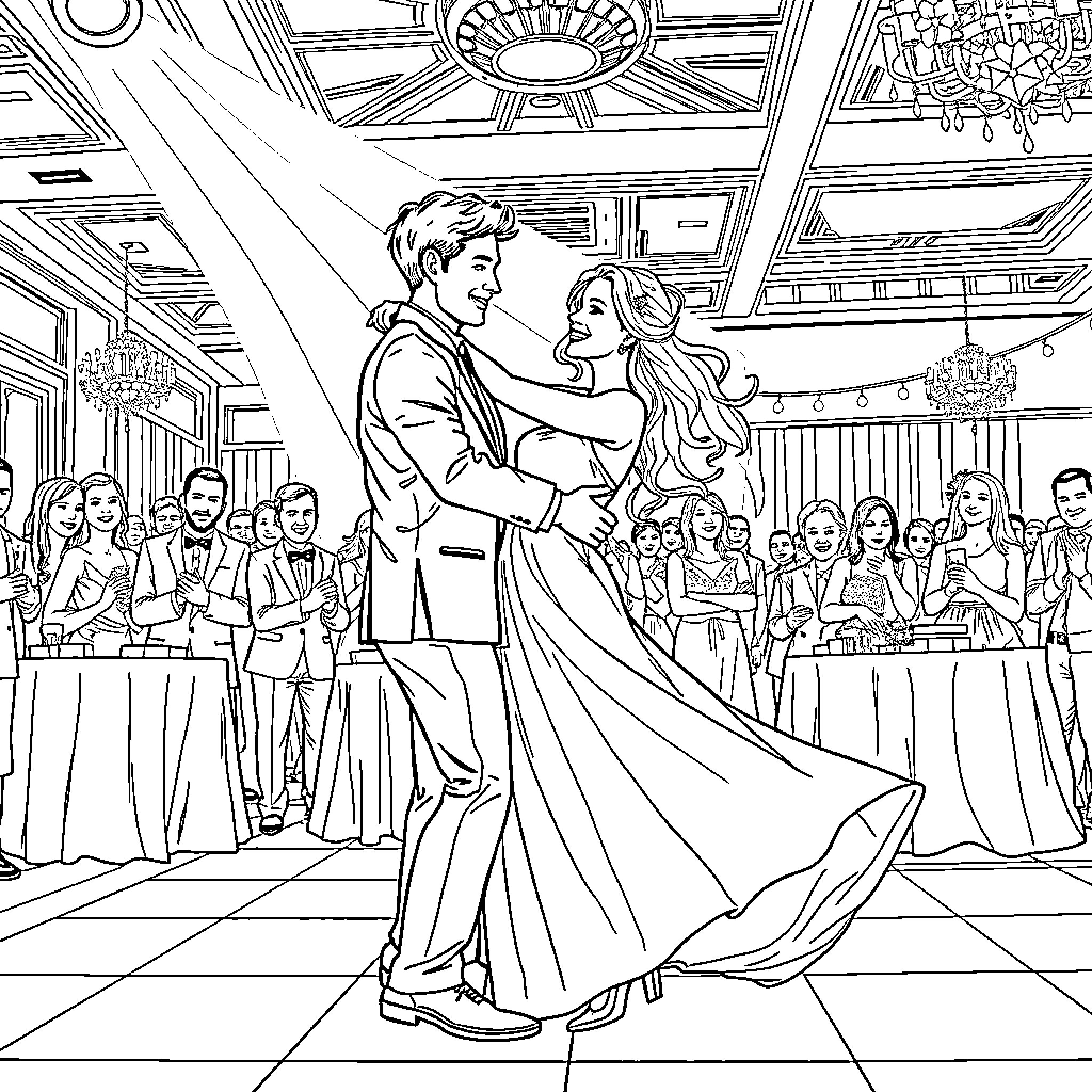 Couple dancing elegantly at a formal event Coloring Page (free black-and-white line drawing printable PDF for all, from beginners to advanced learners, including children, teens, adults, and seniors)