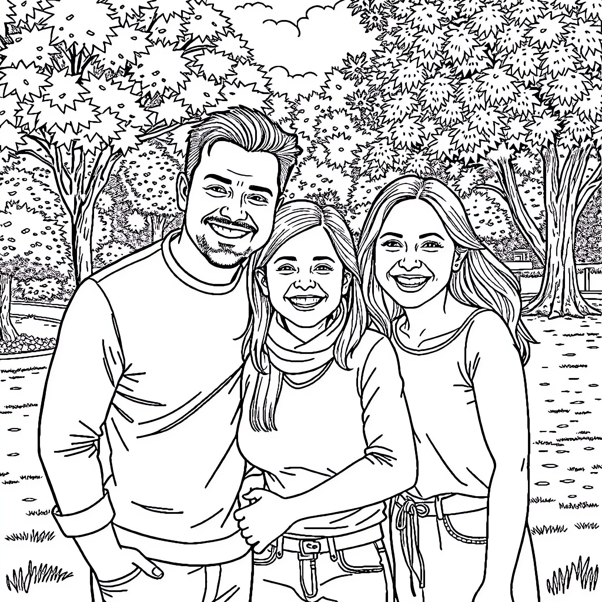 Family Portrait in a Scenic Outdoor Setting Coloring Page (free black-and-white line drawing printable PDF for all, from beginners to advanced learners, including children, teens, adults, and seniors)