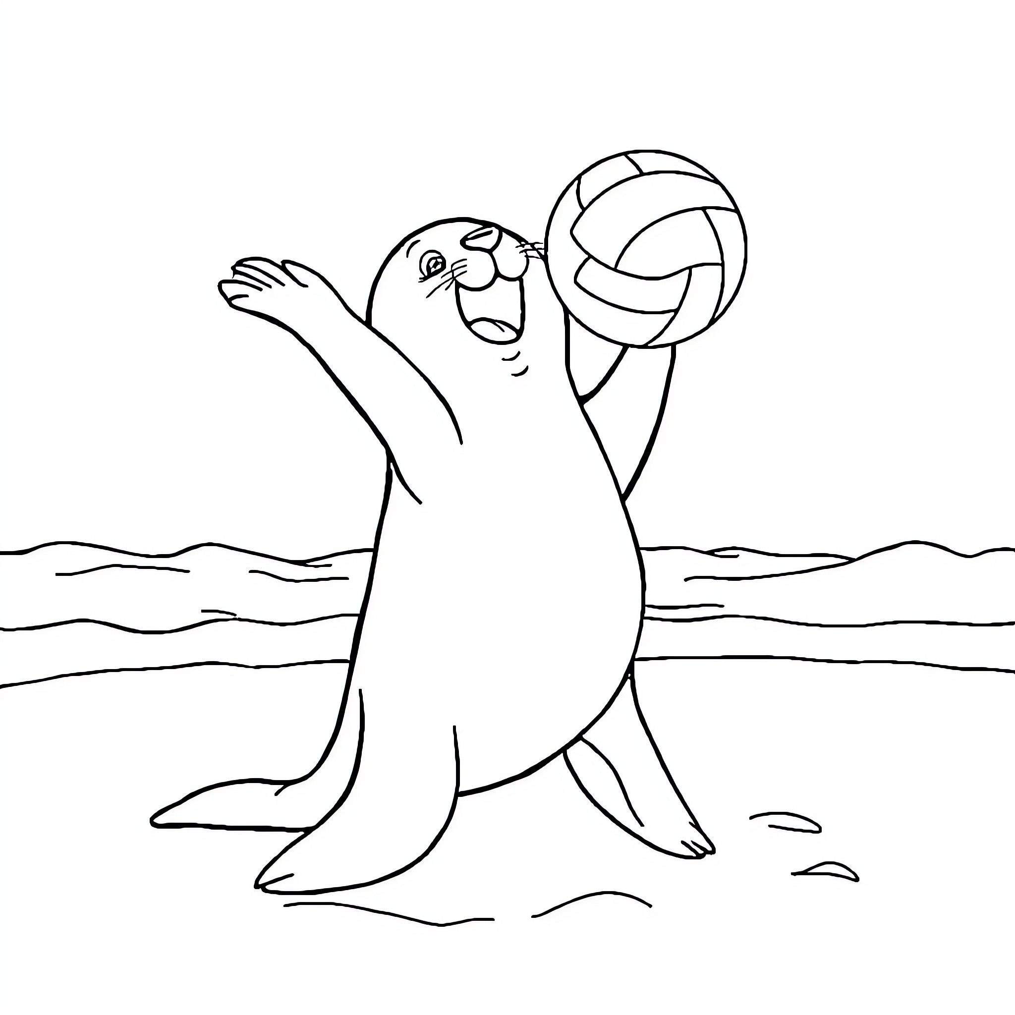 Seal playing joyfully with volleyball Coloring Page (free black-and-white line drawing printable PDF for all, from beginners to advanced learners, including children, teens, adults, and seniors)