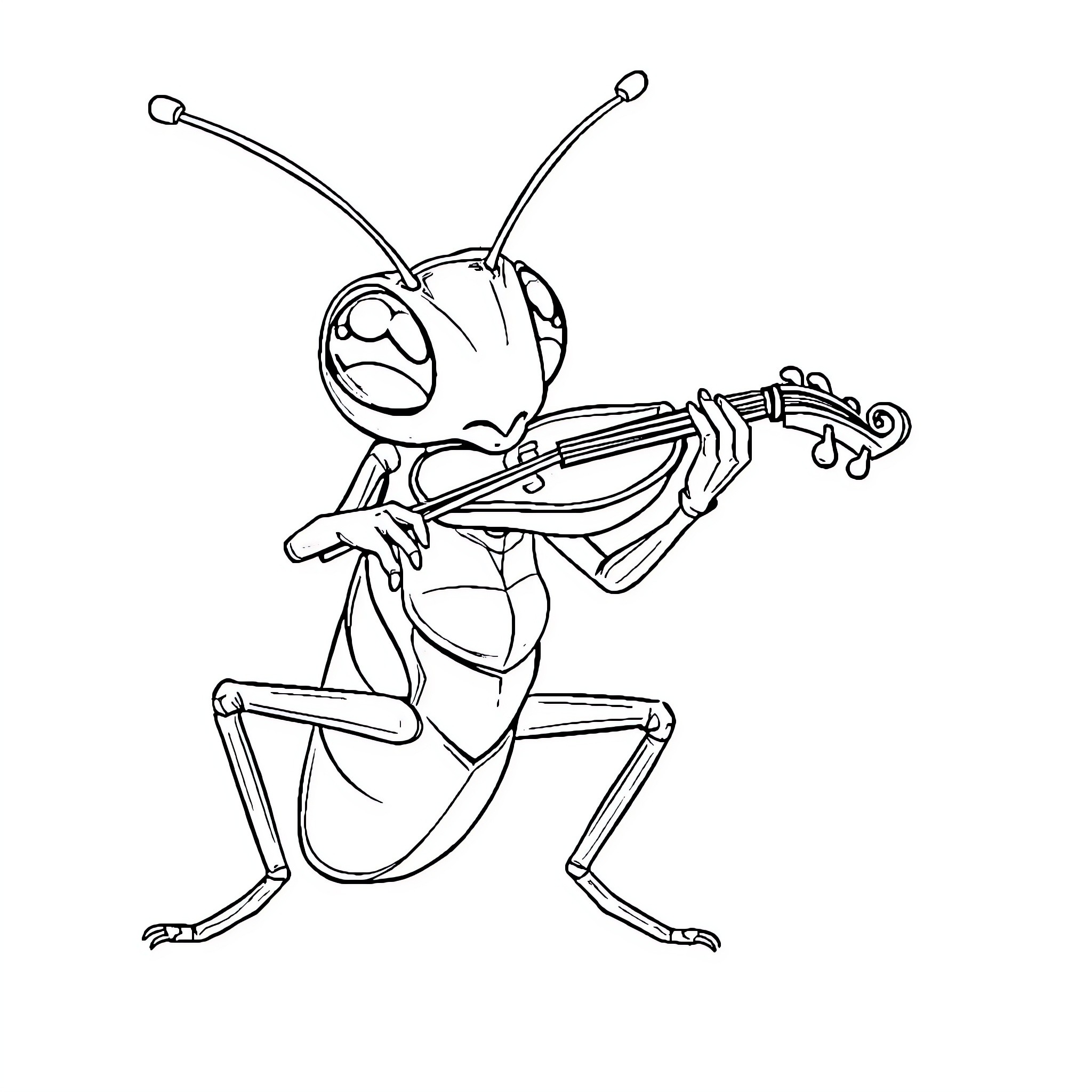 Cricket insect playing violin with joy Coloring Page (free black-and-white line drawing printable PDF for all, from beginners to advanced learners, including children, teens, adults, and seniors)