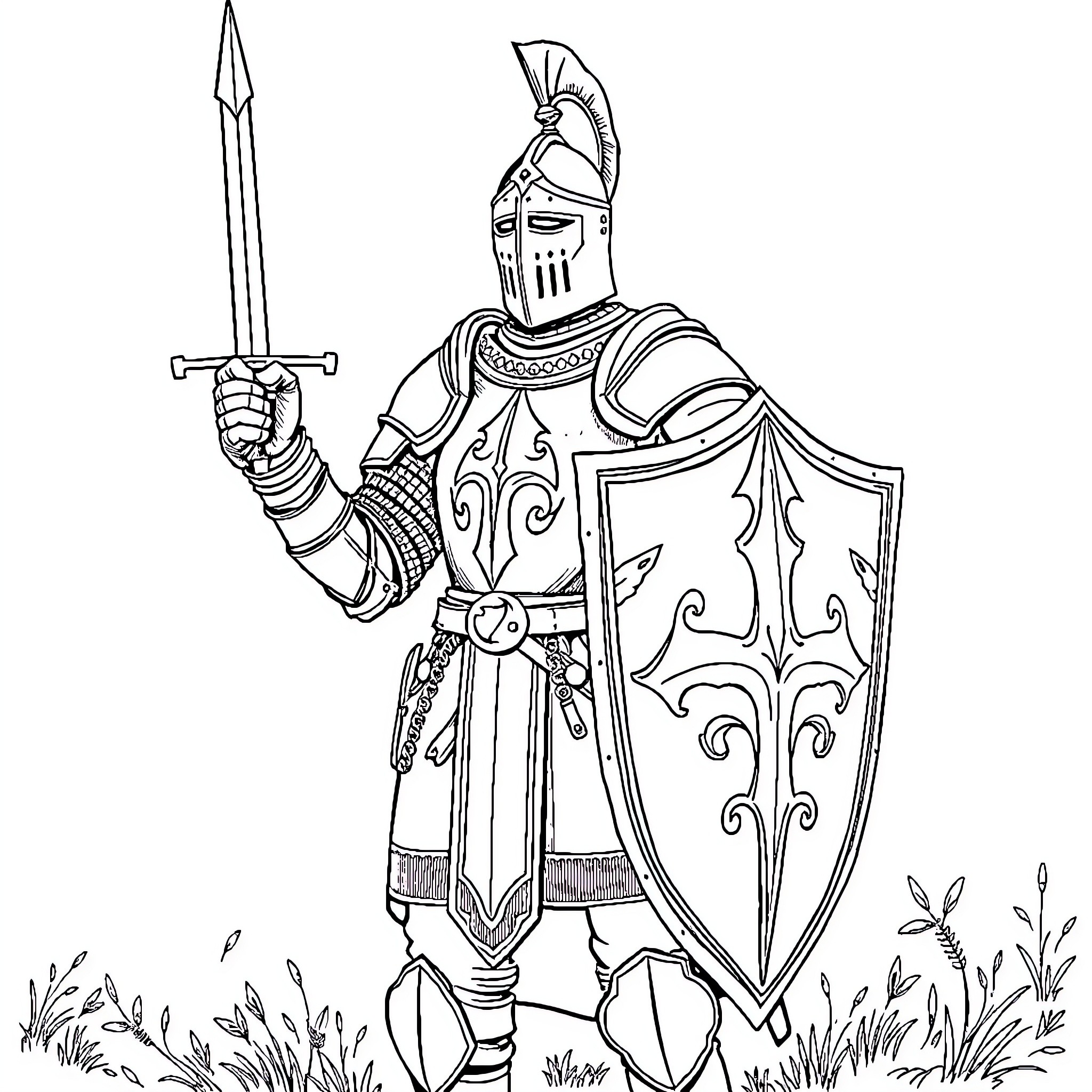 Knight wielding sword and shield in a grassy field Coloring Page (free black-and-white line drawing printable PDF for all, from beginners to advanced learners, including children, teens, adults, and seniors)