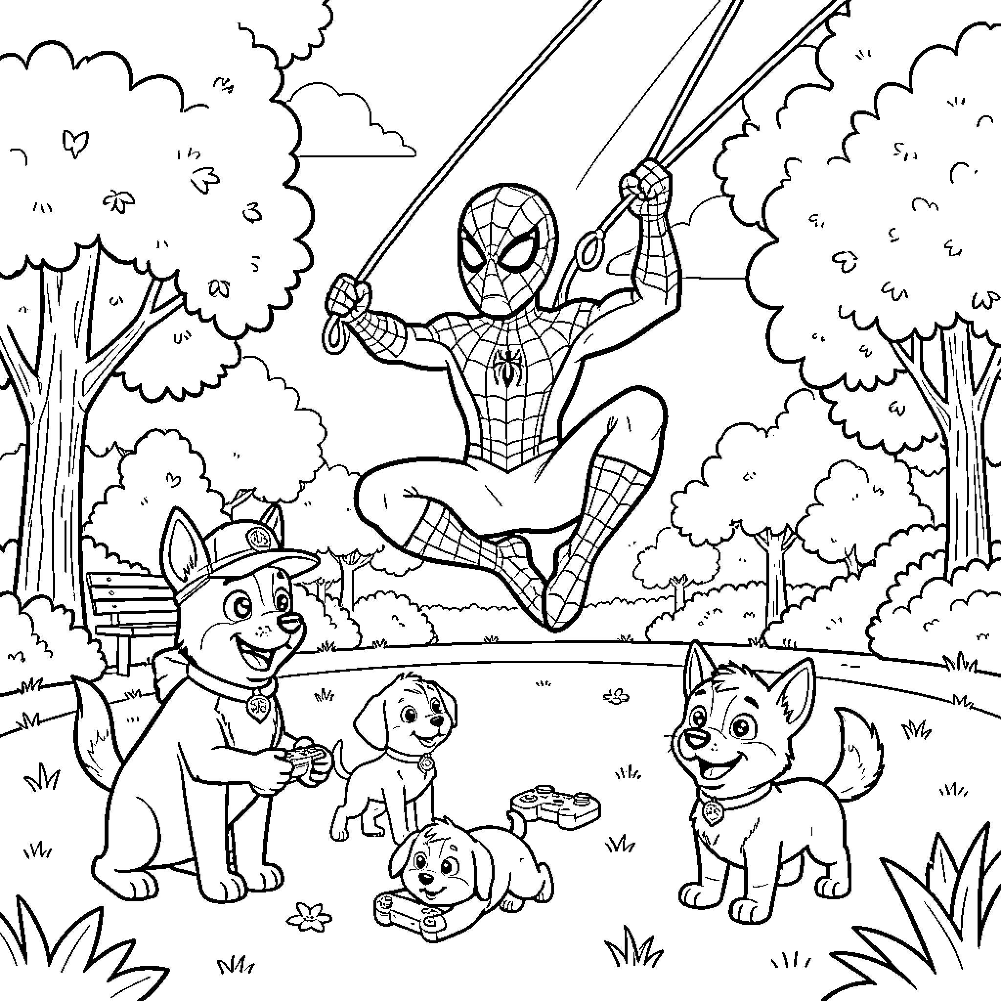 Spiderman saving the day with animal friends Coloring Page (free black-and-white line drawing printable PDF for all, from beginners to advanced learners, including children, teens, adults, and seniors)