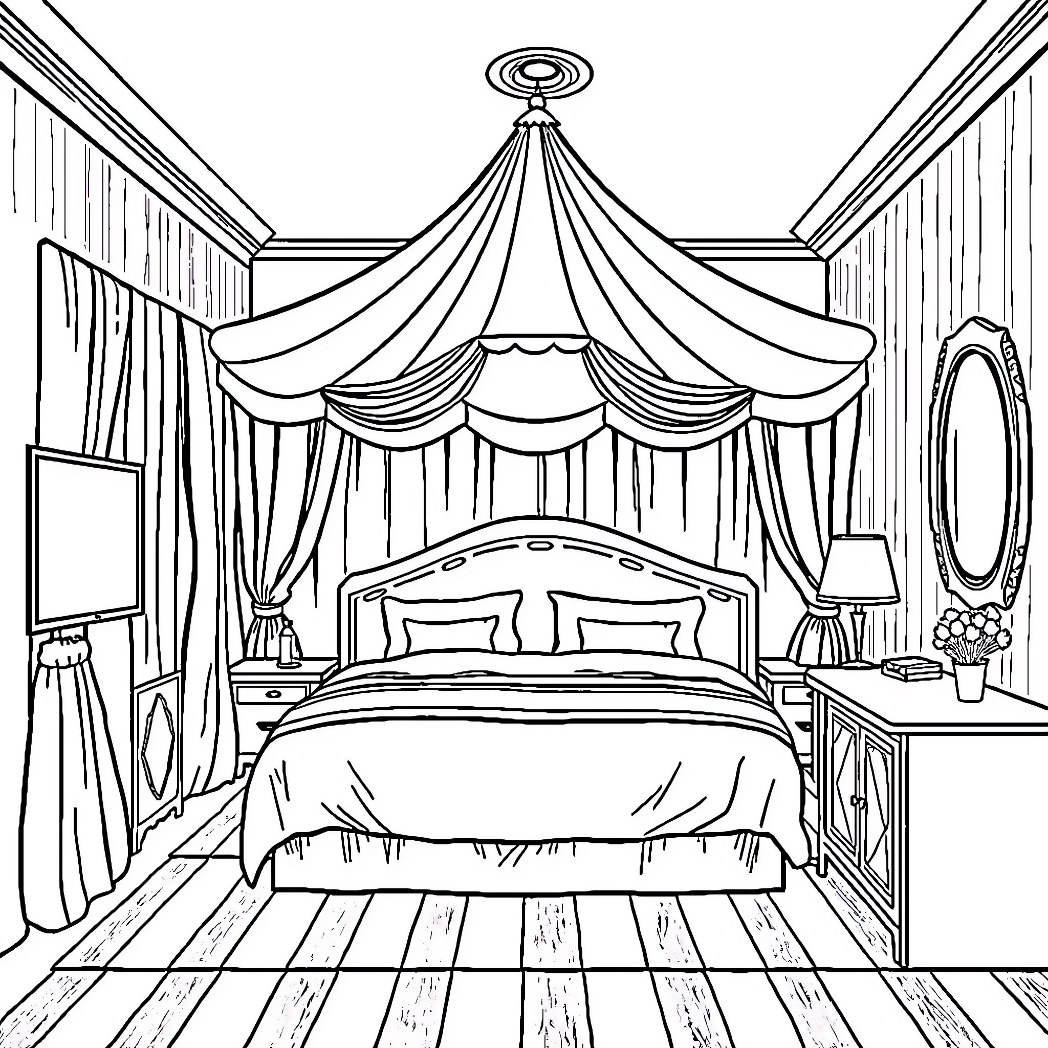 Hotel Room with Elegant Canopy Bed and Furnishings Coloring Page (free black-and-white line drawing printable PDF for all, from beginners to advanced learners, including children, teens, adults, and seniors)