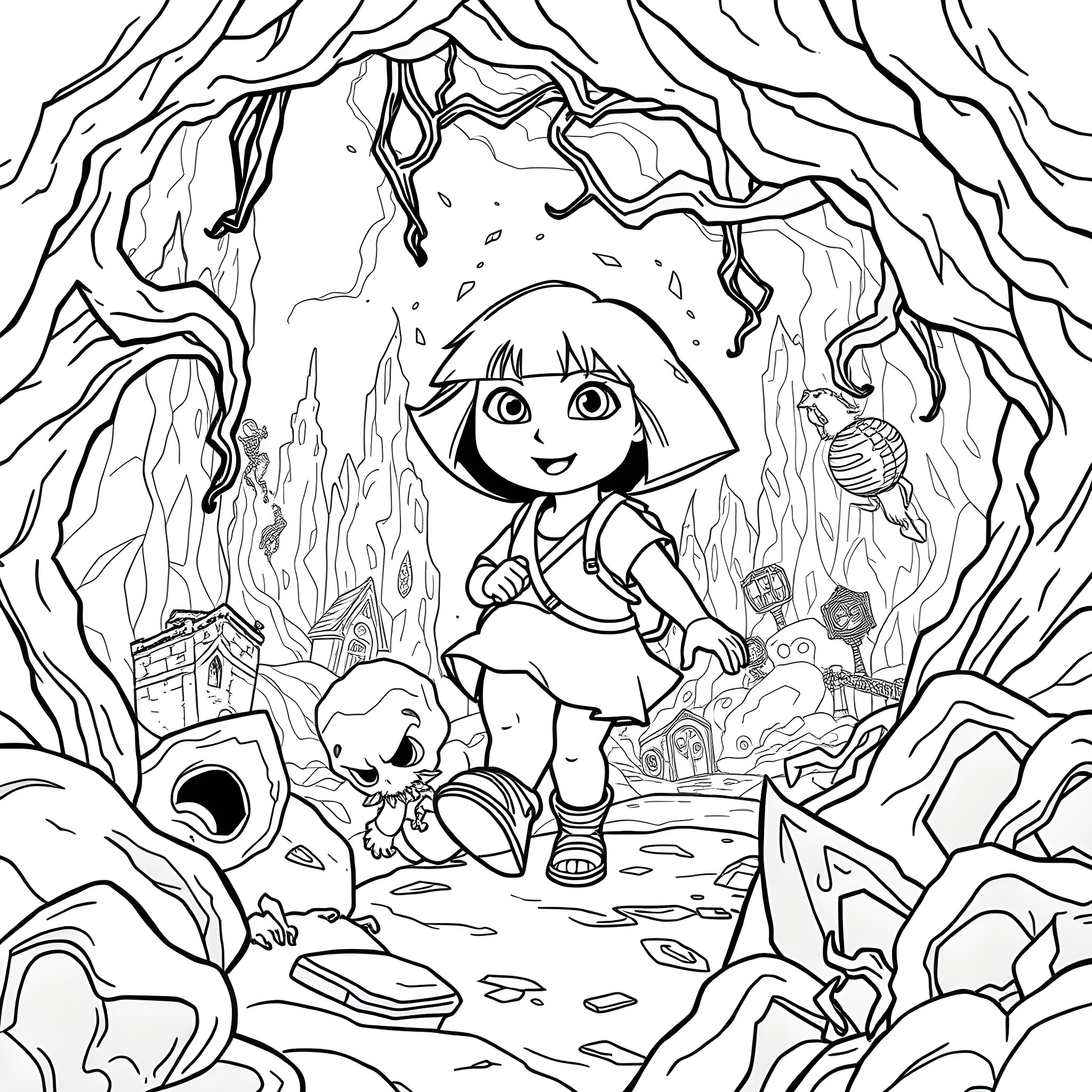 Dora's Adventurous Journey Through the Enchanted Forest Coloring Page (free black-and-white line drawing printable PDF for all, from beginners to advanced learners, including children, teens, adults, and seniors)