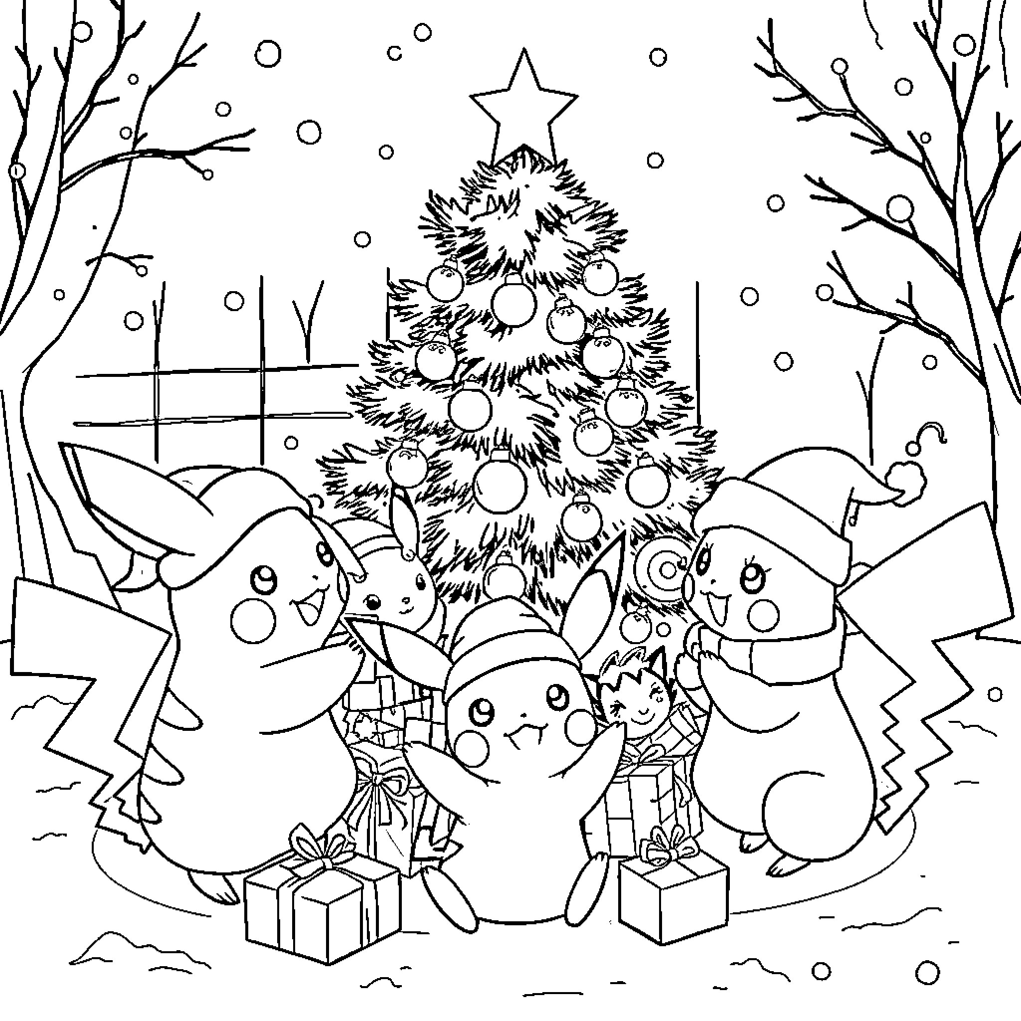 Pokémon characters celebrating Christmas together Coloring Page (free black-and-white line drawing printable PDF for all, from beginners to advanced learners, including children, teens, adults, and seniors)