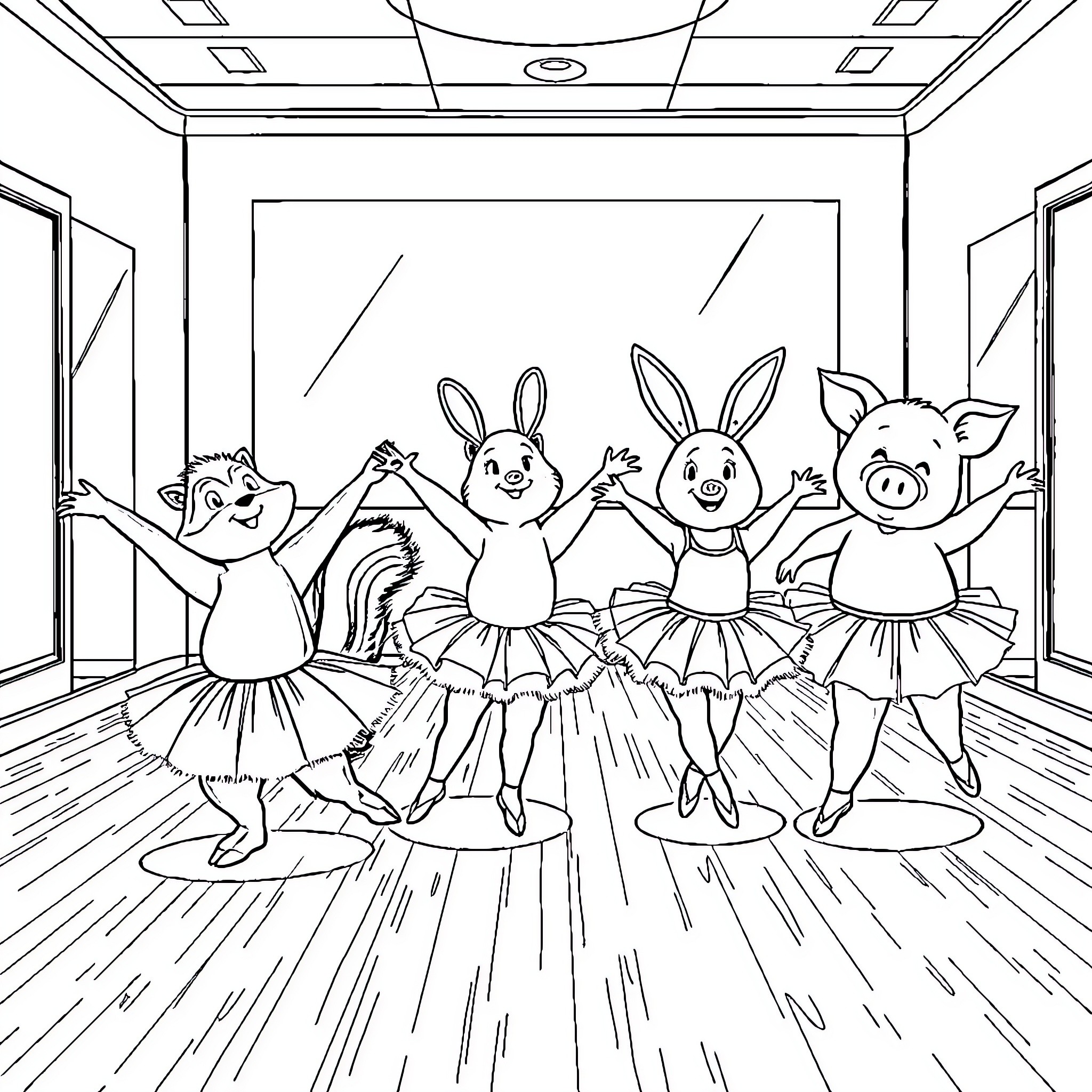 Animal characters dancing in a performance Coloring Page (free black-and-white line drawing printable PDF for all, from beginners to advanced learners, including children, teens, adults, and seniors)