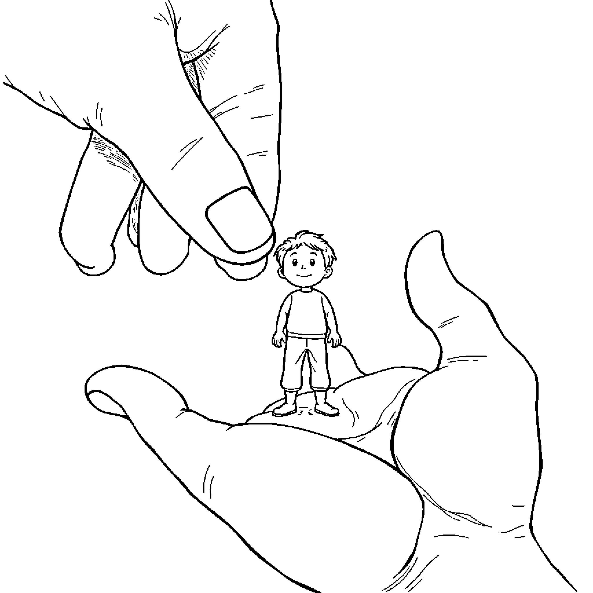 Hand Guiding Young Boy on Whale's Back Coloring Page (free black-and-white line drawing printable PDF for all, from beginners to advanced learners, including children, teens, adults, and seniors)