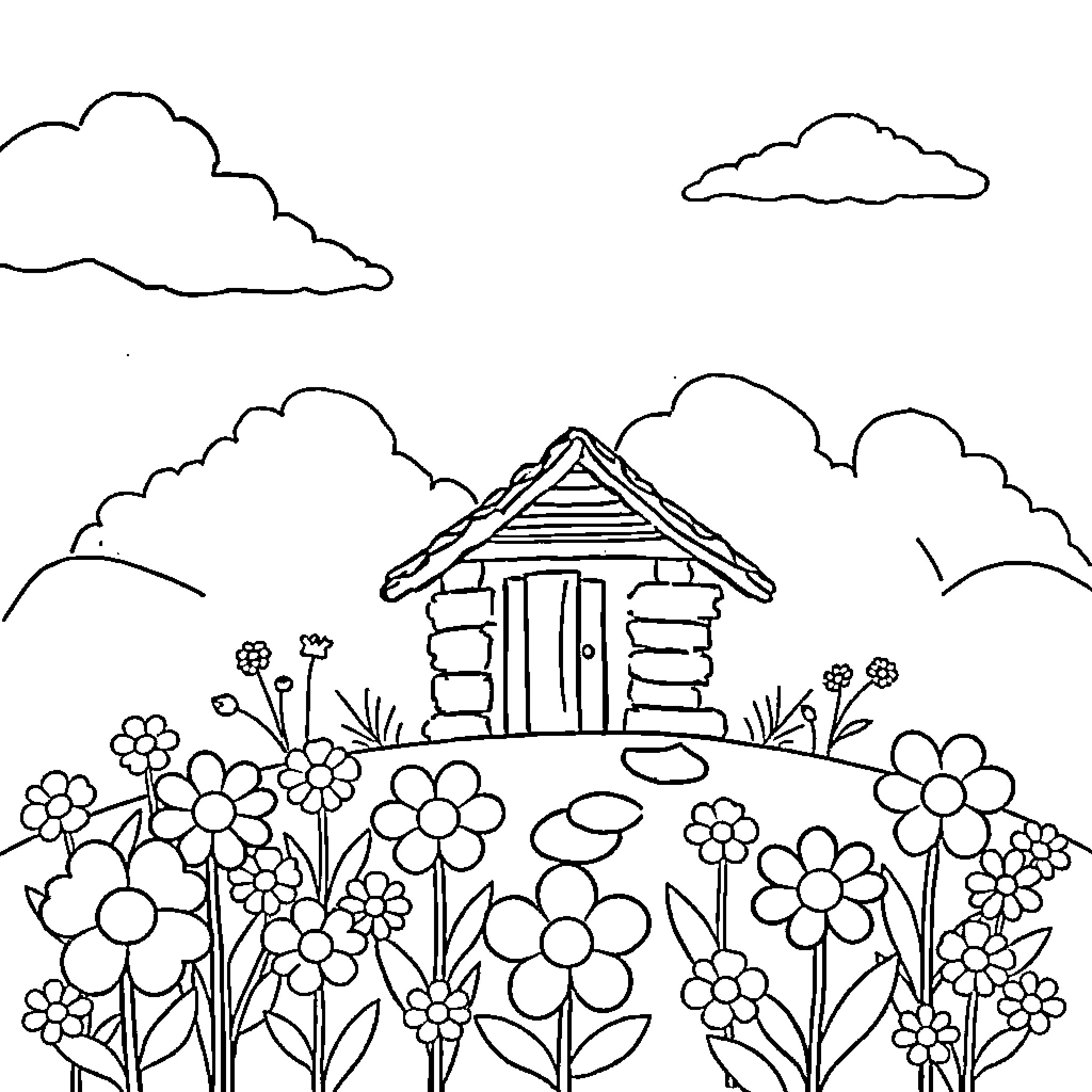 Hut in a Floral Garden Coloring Page (free black-and-white line drawing printable PDF for all, from beginners to advanced learners, including children, teens, adults, and seniors)