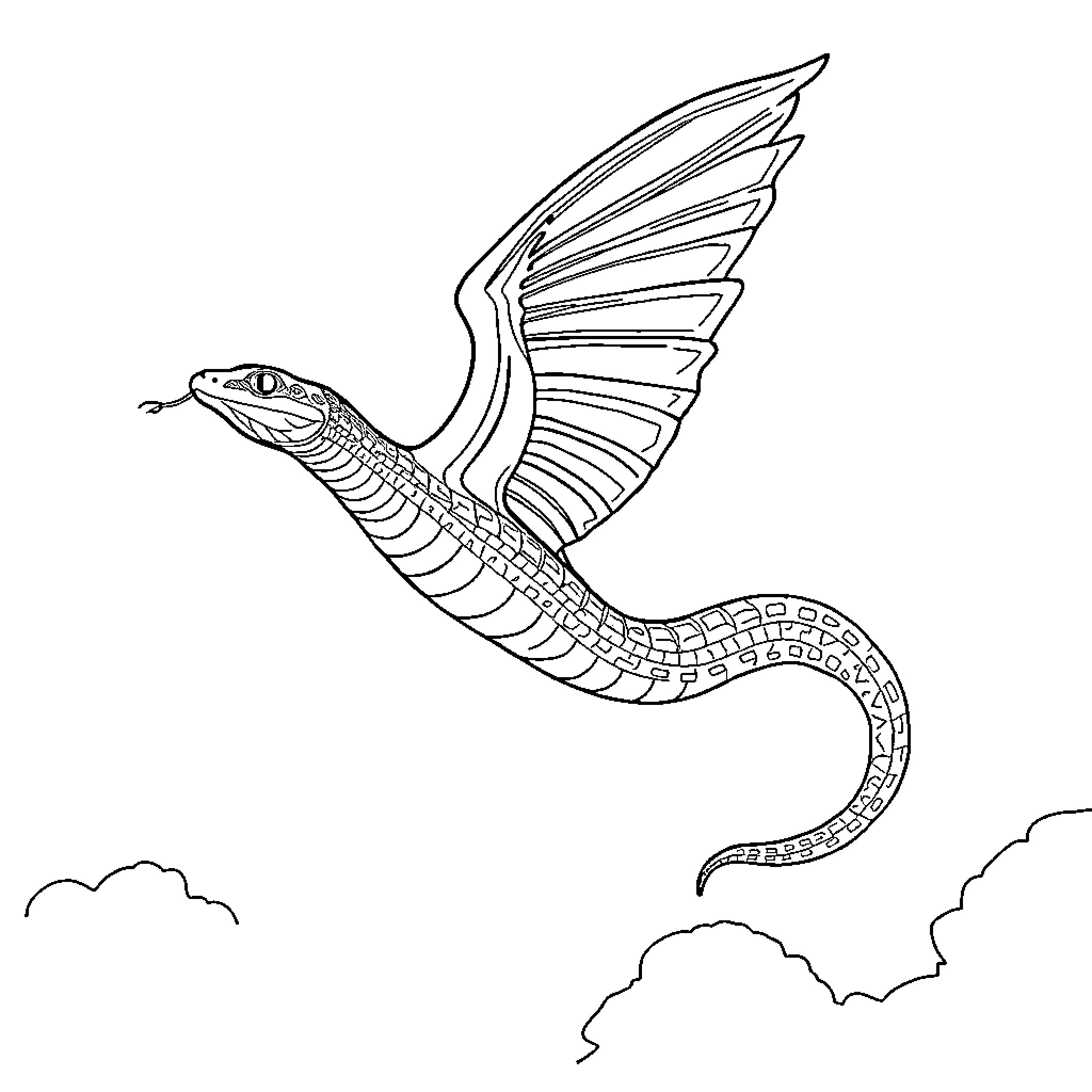 Snake soaring gracefully through the sky Coloring Page (free black-and-white line drawing printable PDF for all, from beginners to advanced learners, including children, teens, adults, and seniors)