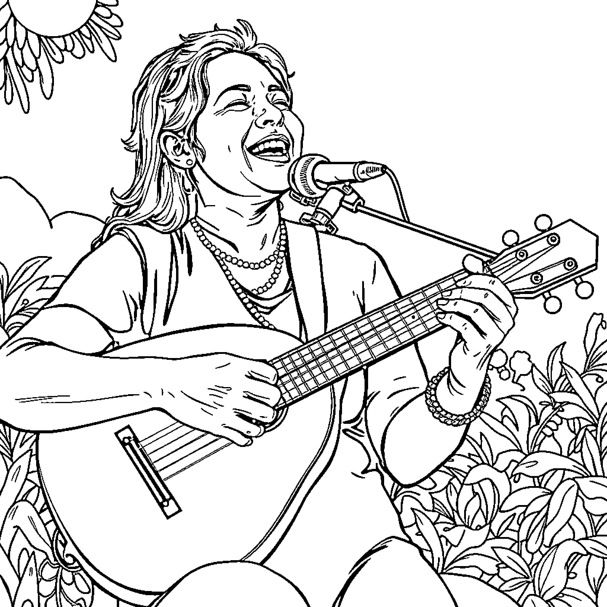 Ali Primera performing with guitar in nature Coloring Page (free black-and-white line drawing printable PDF for all, from beginners to advanced learners, including children, teens, adults, and seniors)