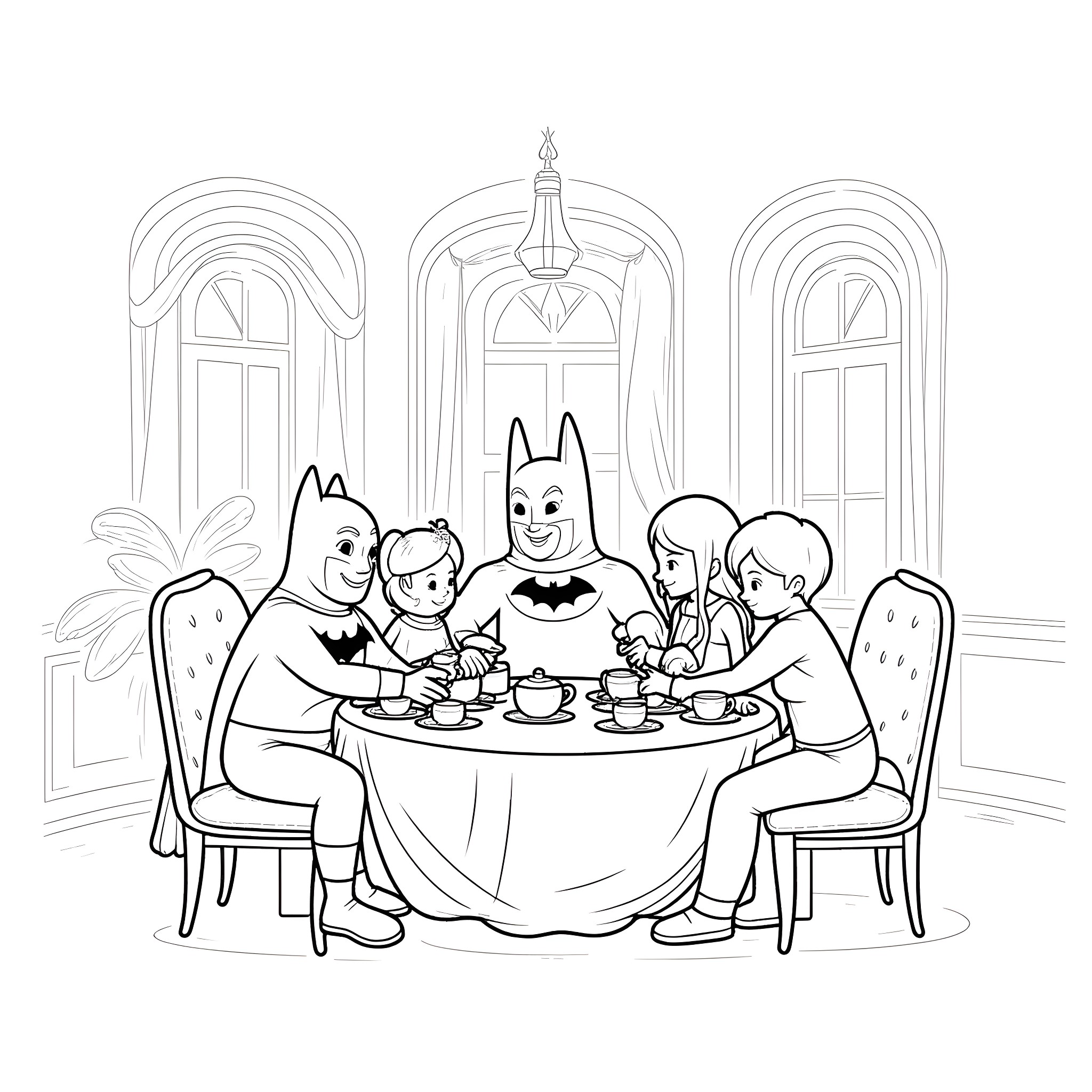 Batman Enjoying Tea Time with Friends Coloring Page (free black-and-white line drawing printable PDF for all, from beginners to advanced learners, including children, teens, adults, and seniors)