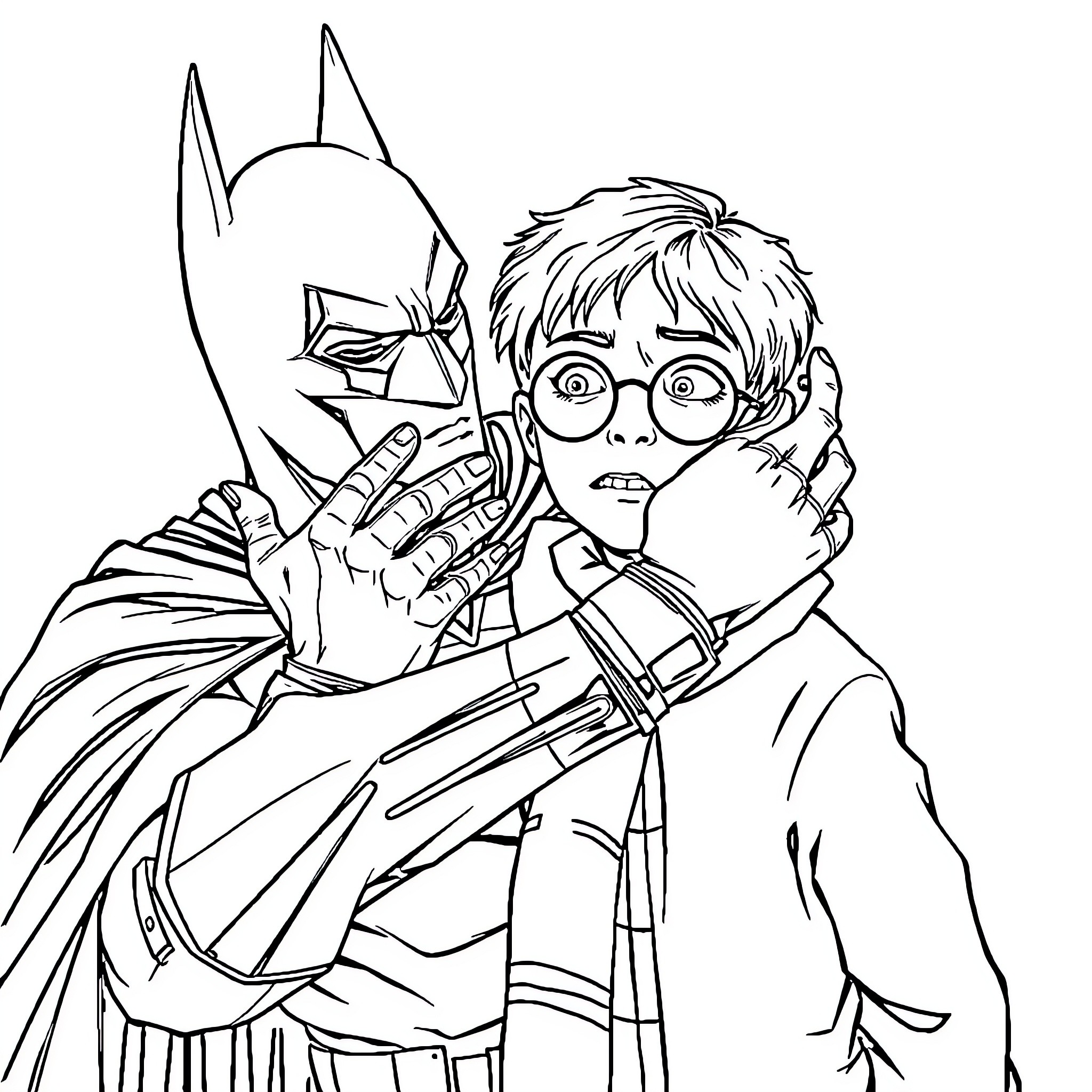 Batman comforting a distressed young boy Coloring Page (free black-and-white line drawing printable PDF for all, from beginners to advanced learners, including children, teens, adults, and seniors)