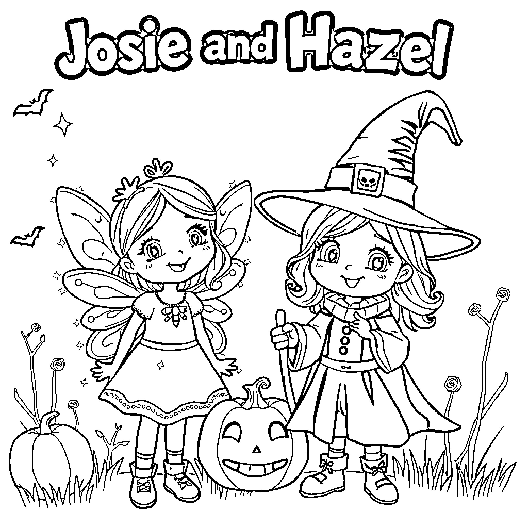 Girl Fairy and Girl Witch Celebrate Halloween Coloring Page (free black-and-white line drawing printable PDF for all, from beginners to advanced learners, including children, teens, adults, and seniors)