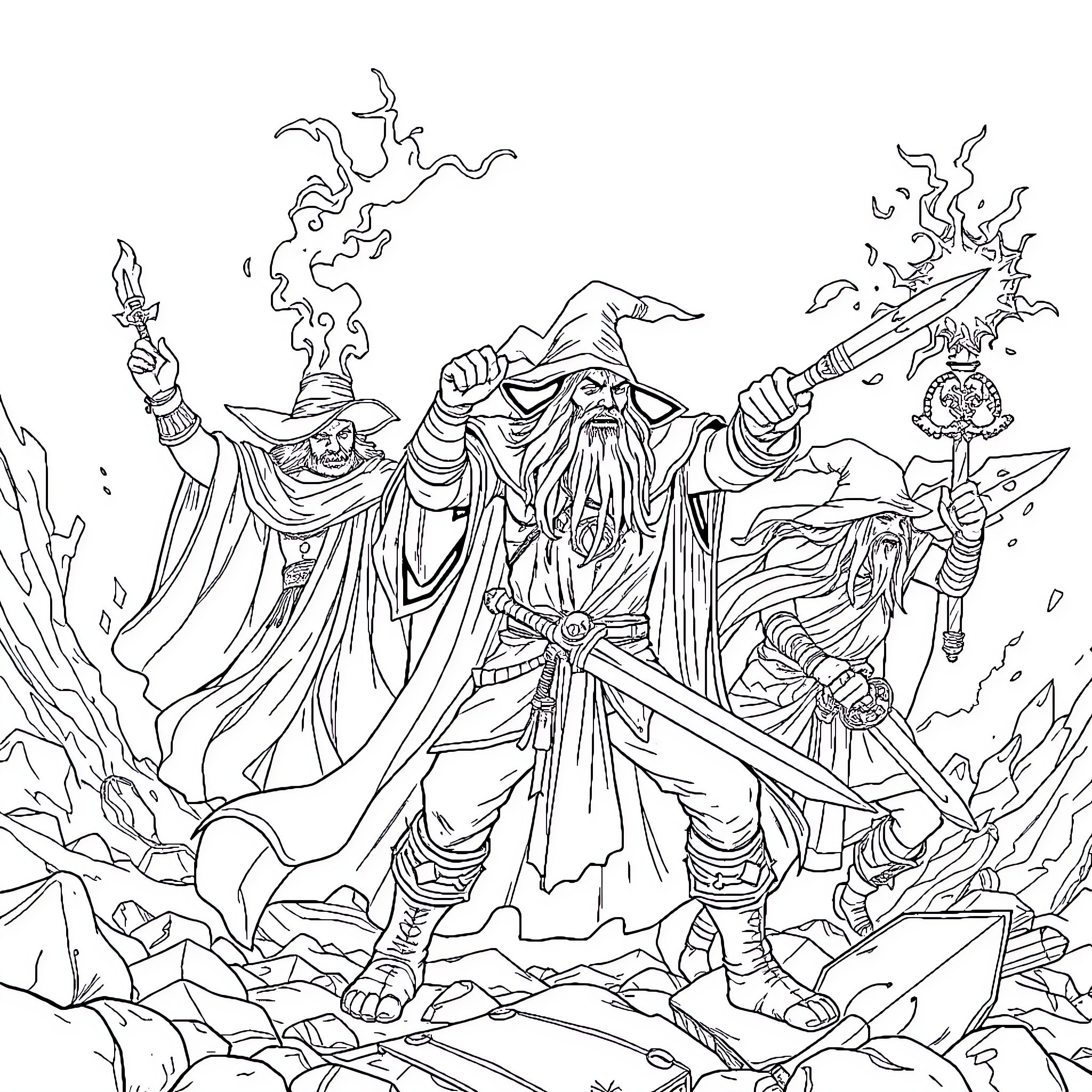 Wizard Warlords Casting Powerful Spells in Mystical Realm Coloring Page (free black-and-white line drawing printable PDF for all, from beginners to advanced learners, including children, teens, adults, and seniors)