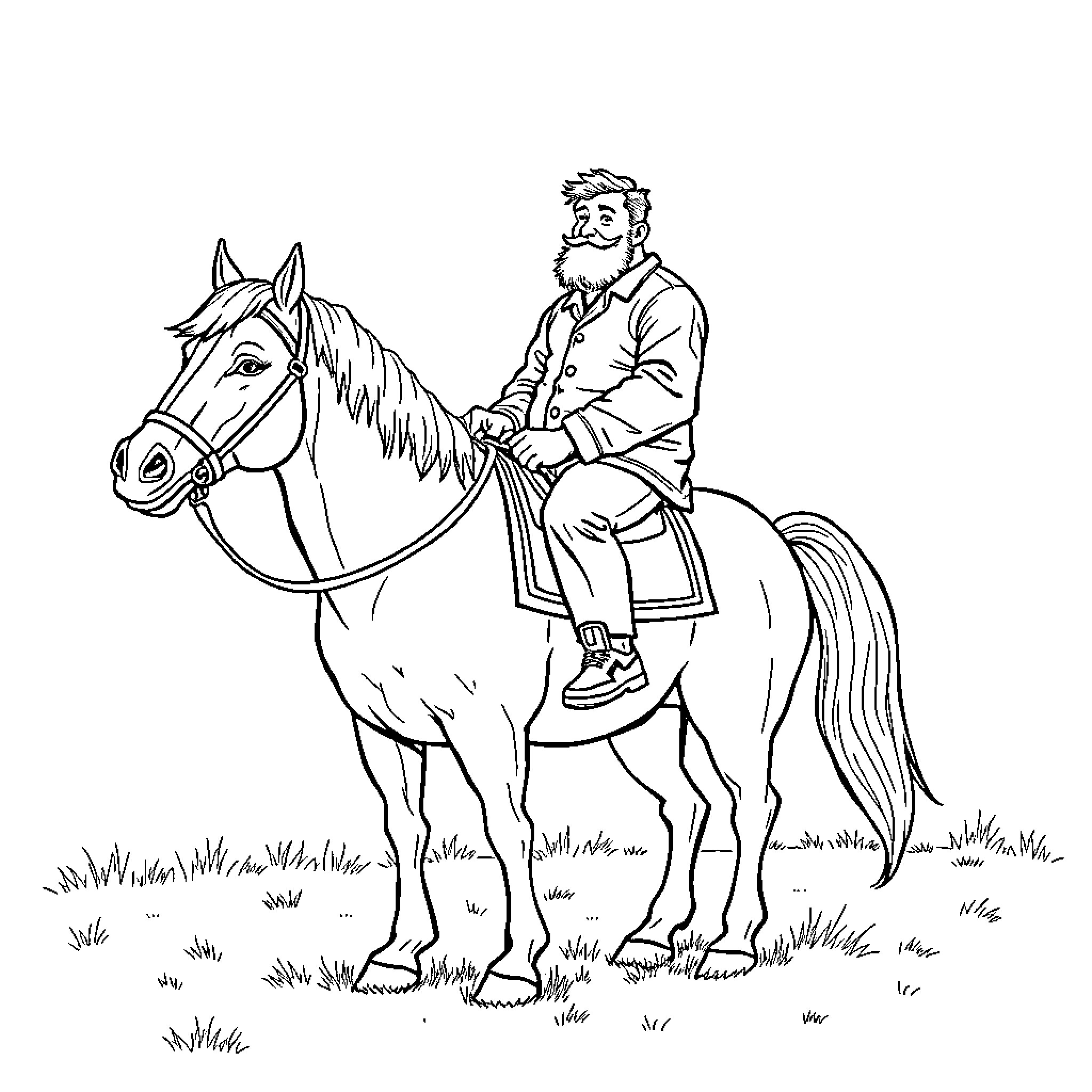 Man riding horse through field Coloring Page (free black-and-white line drawing printable PDF for all, from beginners to advanced learners, including children, teens, adults, and seniors)